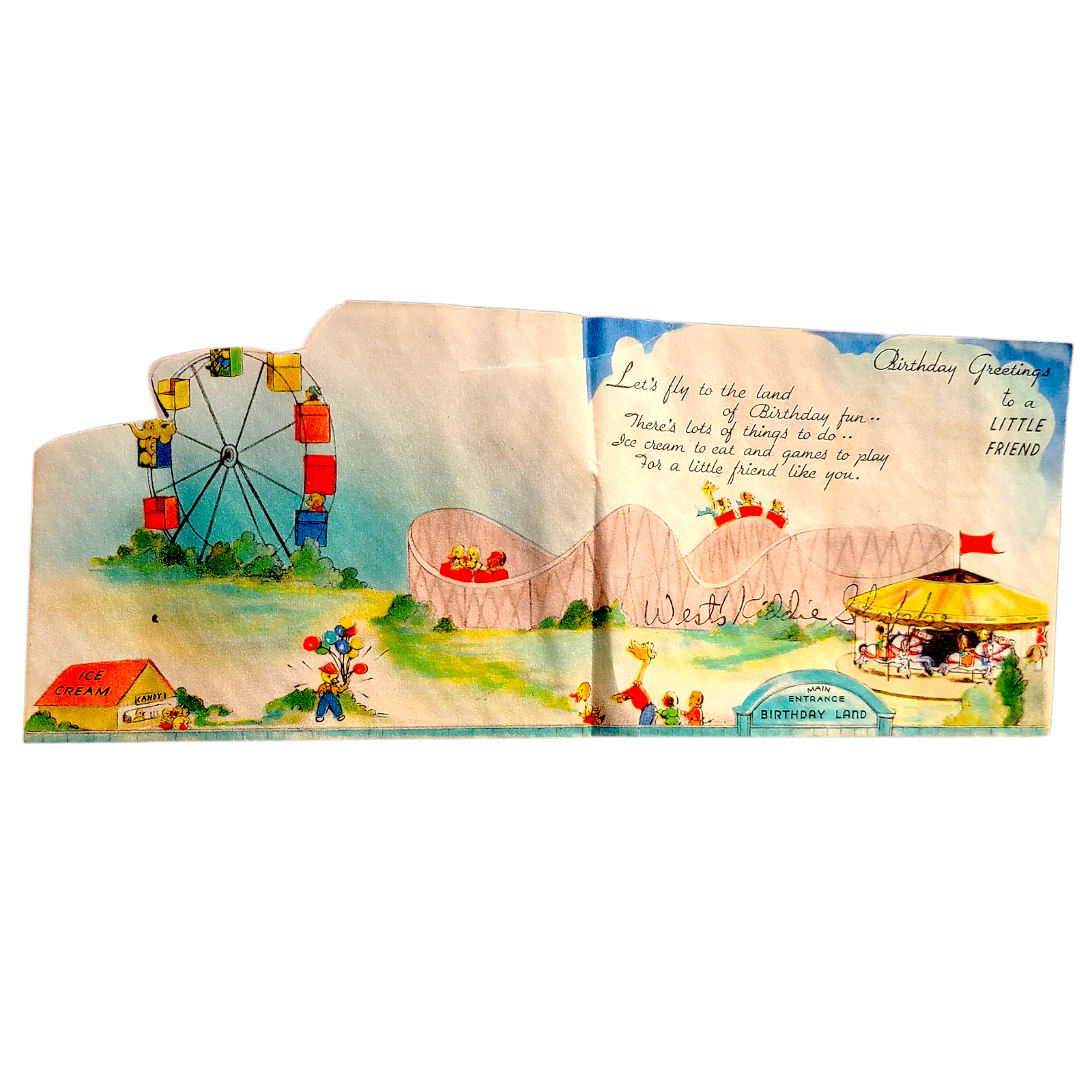 Vintage 1930s Amusement Park Roller Coaster Birthday Card