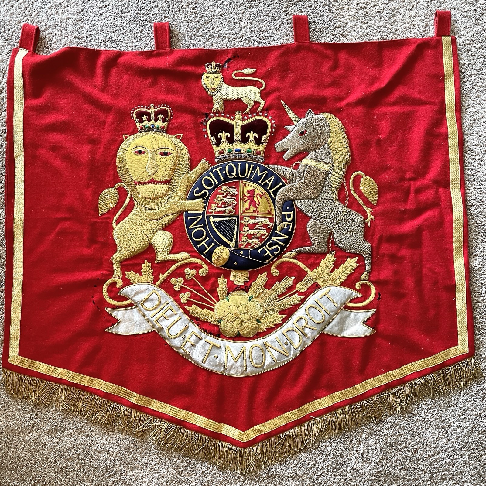 British Royal Coat of Arms Bullion Embroidered Ceremonial Banner Large 48” x 51” British Royal Coat of Arms Bullion Embroidered Ceremonial Banner Large 48” x 51”