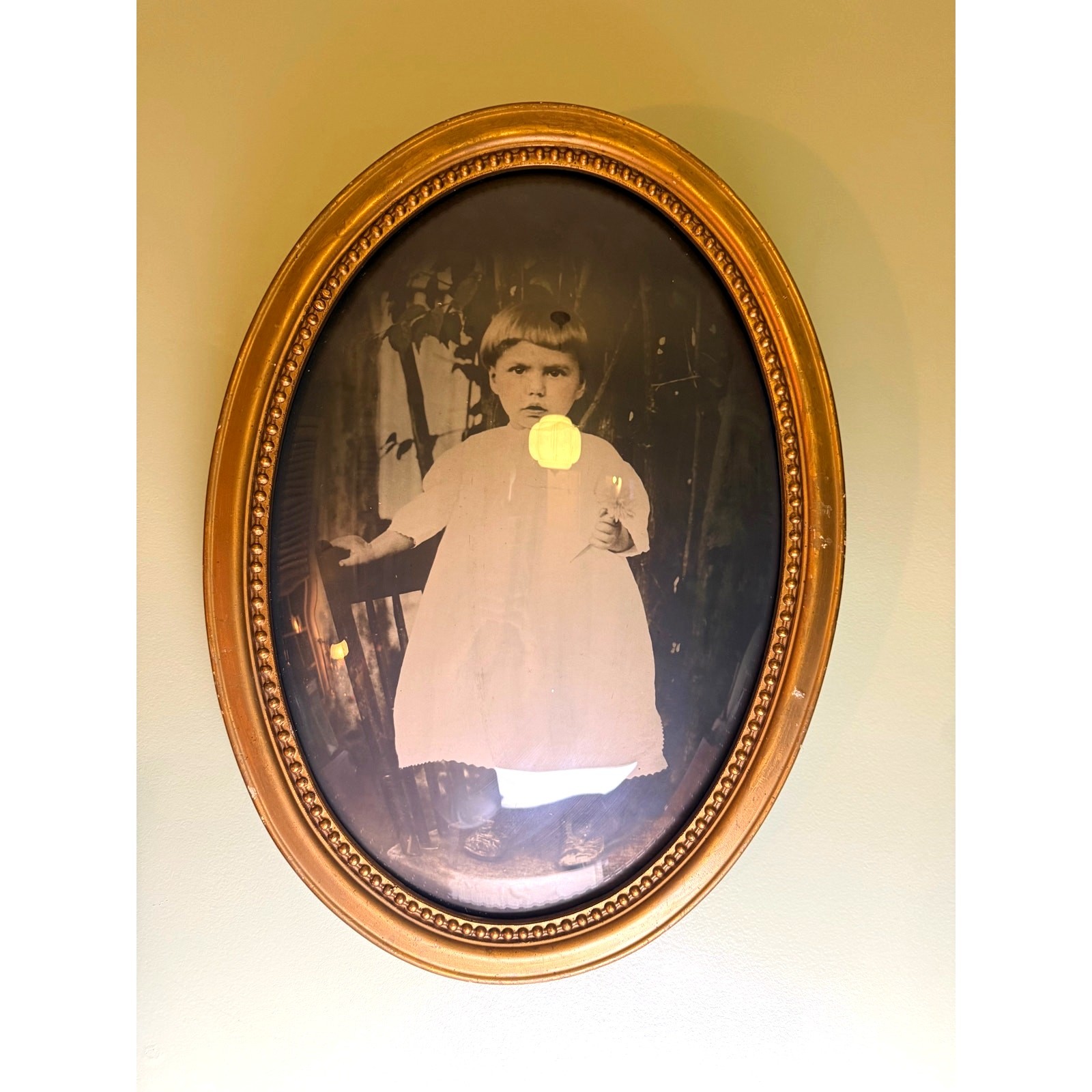 Antique Hand Tinted Child Portrait Convex Bubble Glass Oval Gold Frame 22\