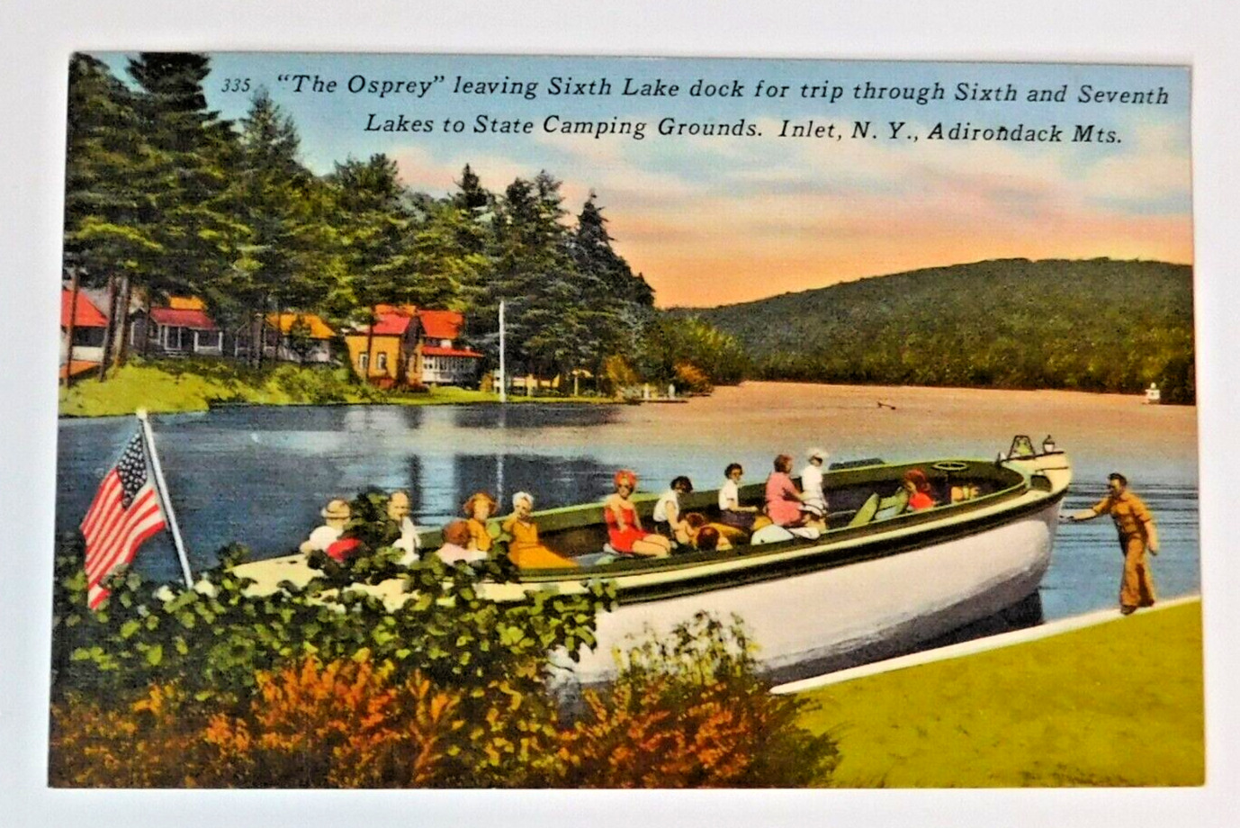 The Osprey Leaving Sixth Lake Dock Inlet New York Adirondacks  VTG Postcard