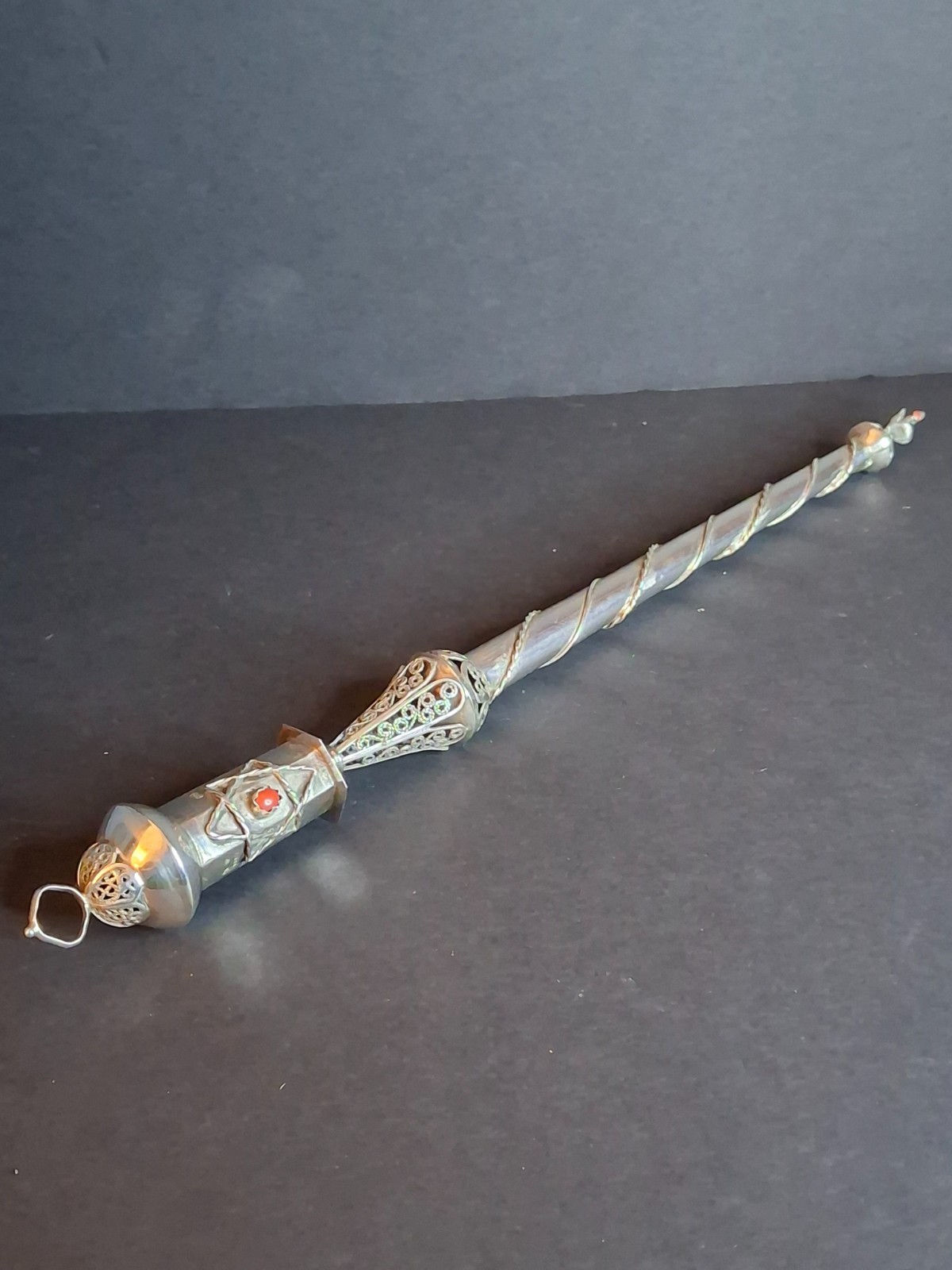 Antique 1812 Russian Silver Torah Pointer Yad 84 Zolotnik Filigree & Coral Stone