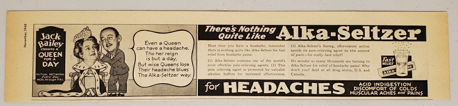 1948 Print Ad Alka Seltzer Headaches Jack Bailey Hosts Queen for Day TV Show 1948 Print Ad Alka Seltzer Headaches Jack Bailey Hosts Queen for Day TV Show