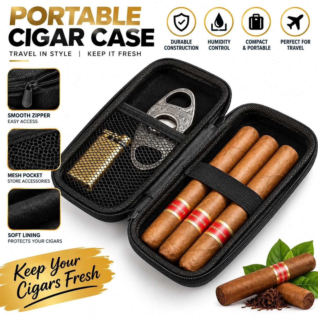 Portable Cigar Case Travel Pouch for Cigars Cutter Lighter Storage Smoking Box