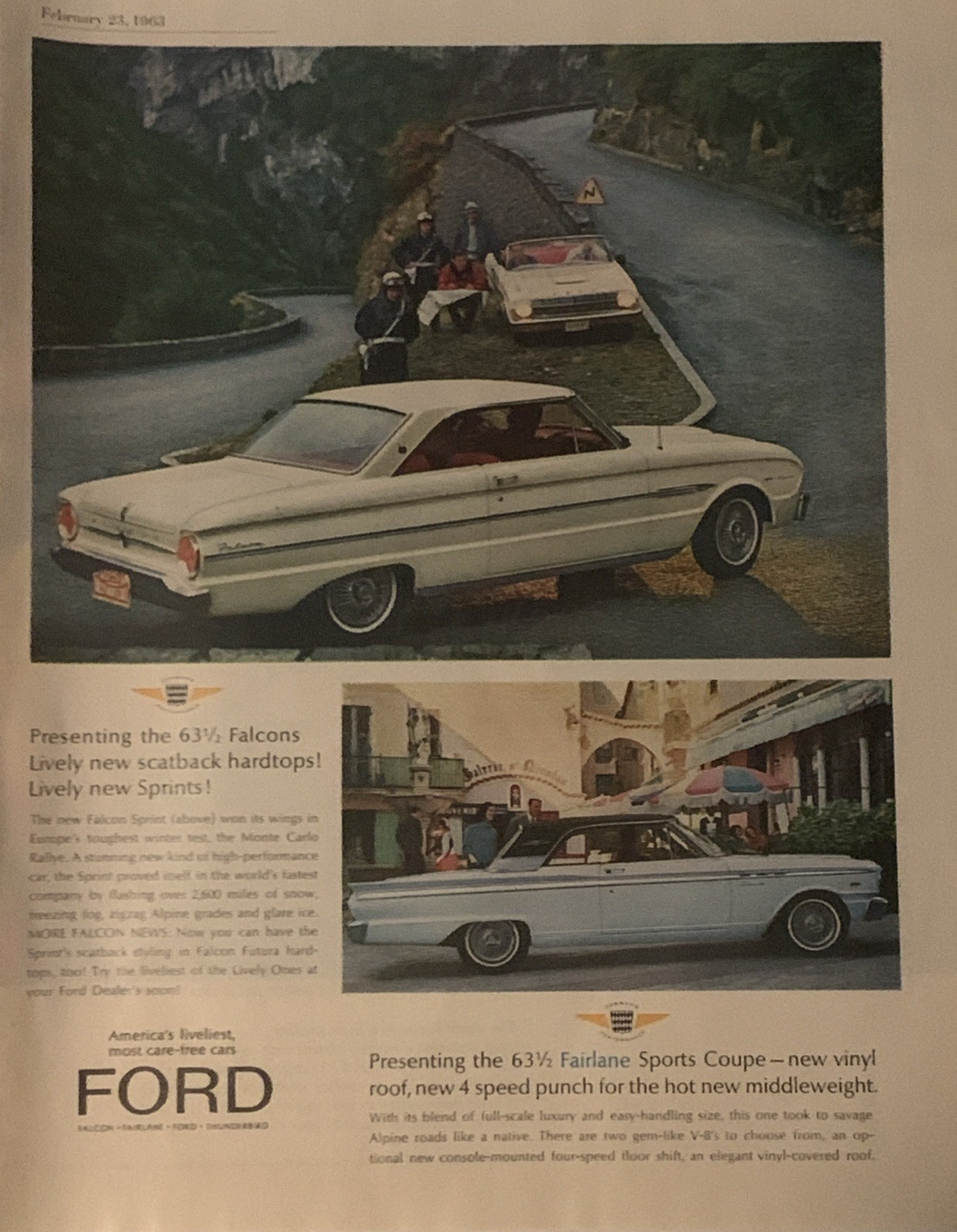 1963 Ford Falcon Sprint PRINT AD Fairlane Sports Coupe VTG 1960s Monte Carlo 1963 Ford Falcon Sprint PRINT AD Fairlane Sports Coupe VTG 1960s Monte Carlo