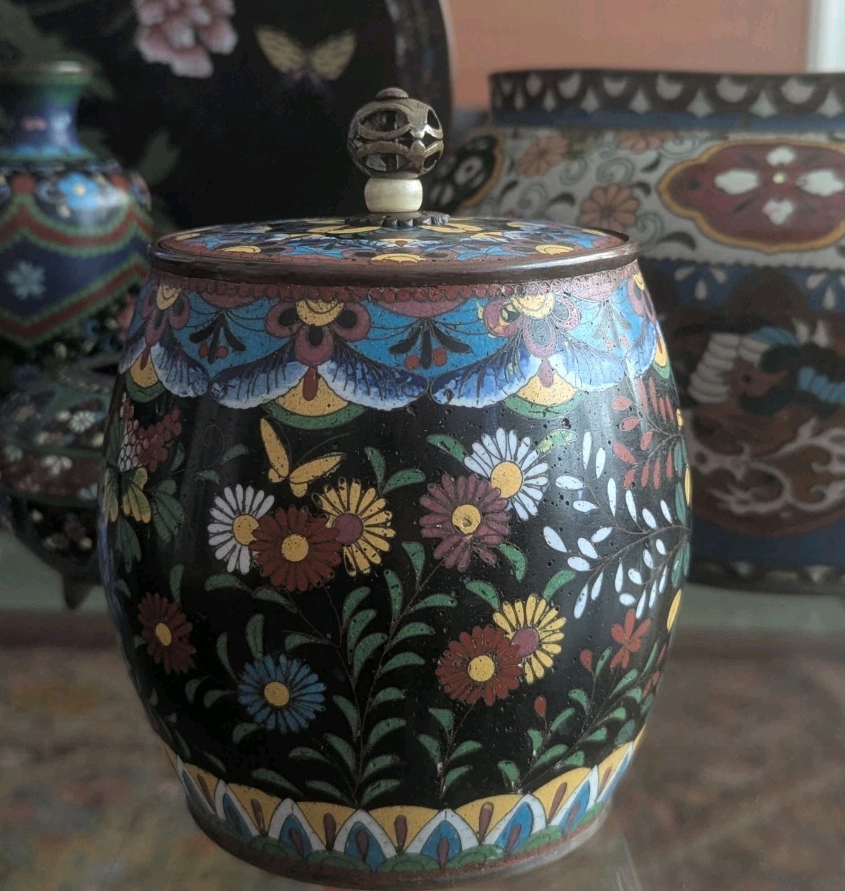 Antique Japanese Cloisonne Lidded Jar Floral Butterfly Black Ground Meiji Era 5 Antique Japanese Cloisonne Lidded Jar Floral Butterfly Black Ground Meiji Era 5