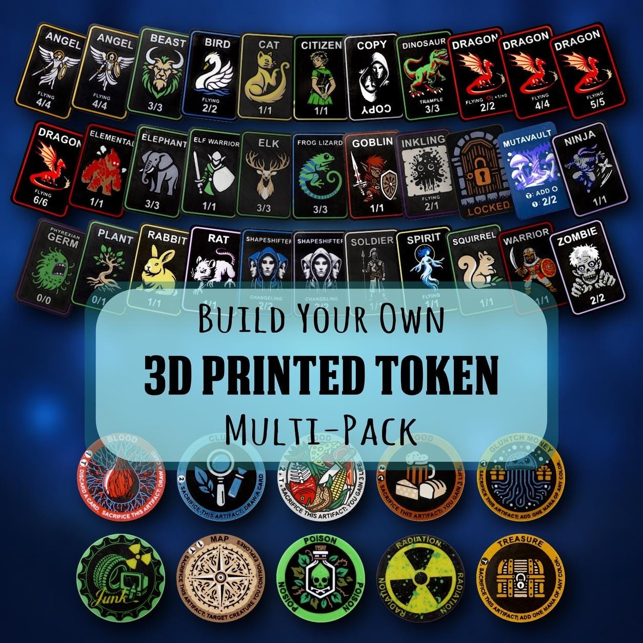 Build Your Own 20 Pack - Multicolor 3D Printed MTG Tokens - Plastic Proxies