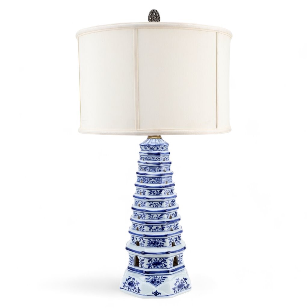 CHINOISERIE ORIENTAL PORCELAIN TALL PAGODA LAMP-30''H