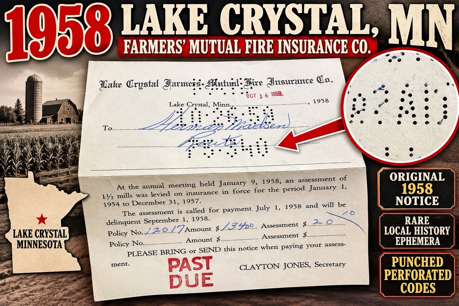VTG 1958 Lake Crystal MN Farmers Mutual Fire Insurance Assessment Notice