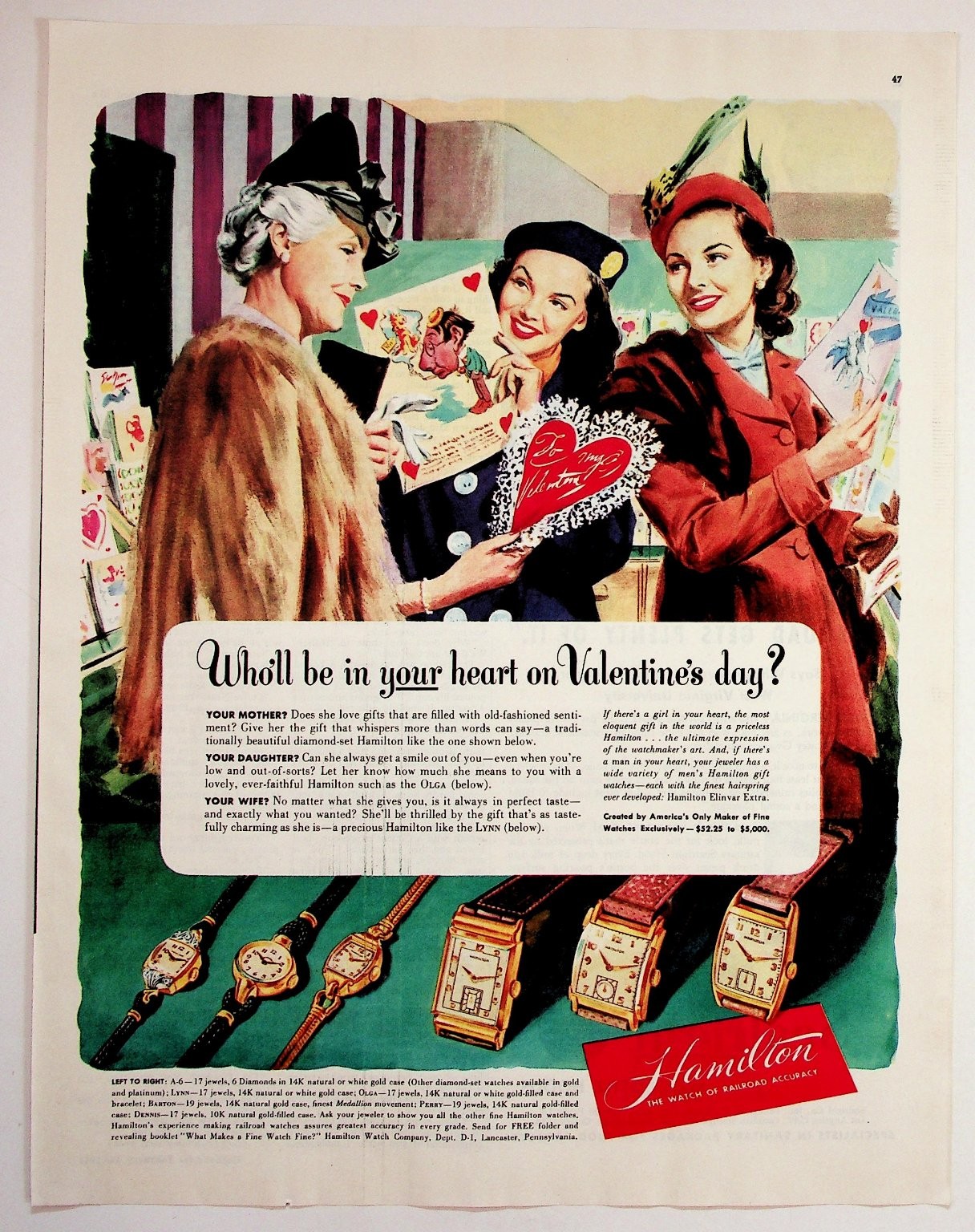 1940s Hamilton Watch Ad Valentine's Day Vintage Magazine Print Ephemera 1940s Hamilton Watch Ad Valentine's Day Vintage Magazine Print Ephemera