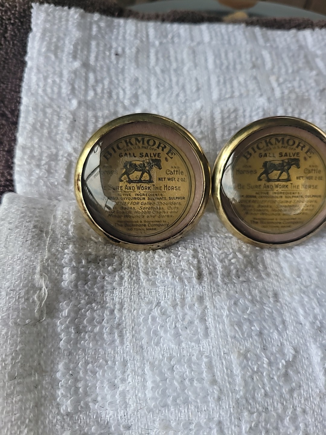 Bridle Rosette's Bickmore Gall Salve Horses Maine Adv Pck 2 in brass and glass Bridle Rosette's Bickmore Gall Salve Horses Maine Adv Pck 2 in brass and glass