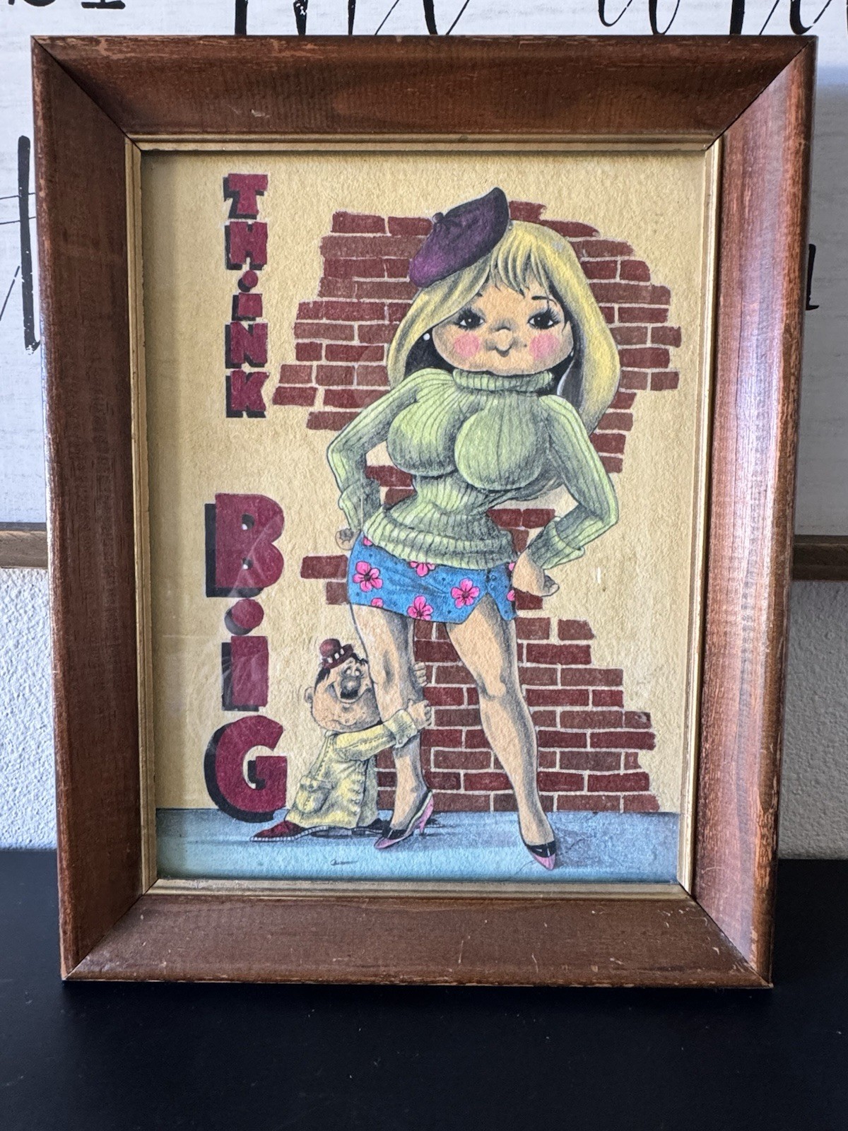Vintage 60s 70s THINK BIG Mod Big Eye Girl Kitsch Framed Art Print