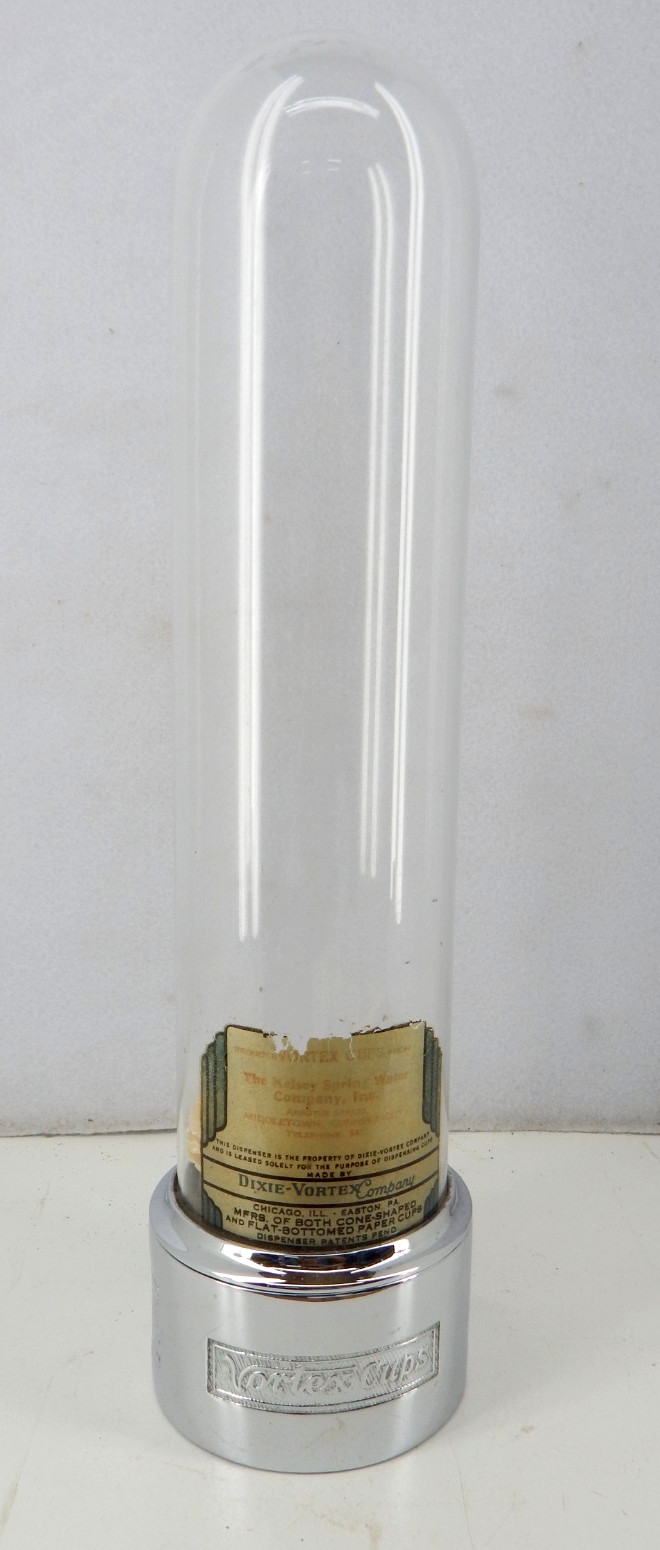 Vintage Dixie Vortex Glass Cup Dispenser Art Deco Chrome With Original Wall Brac
