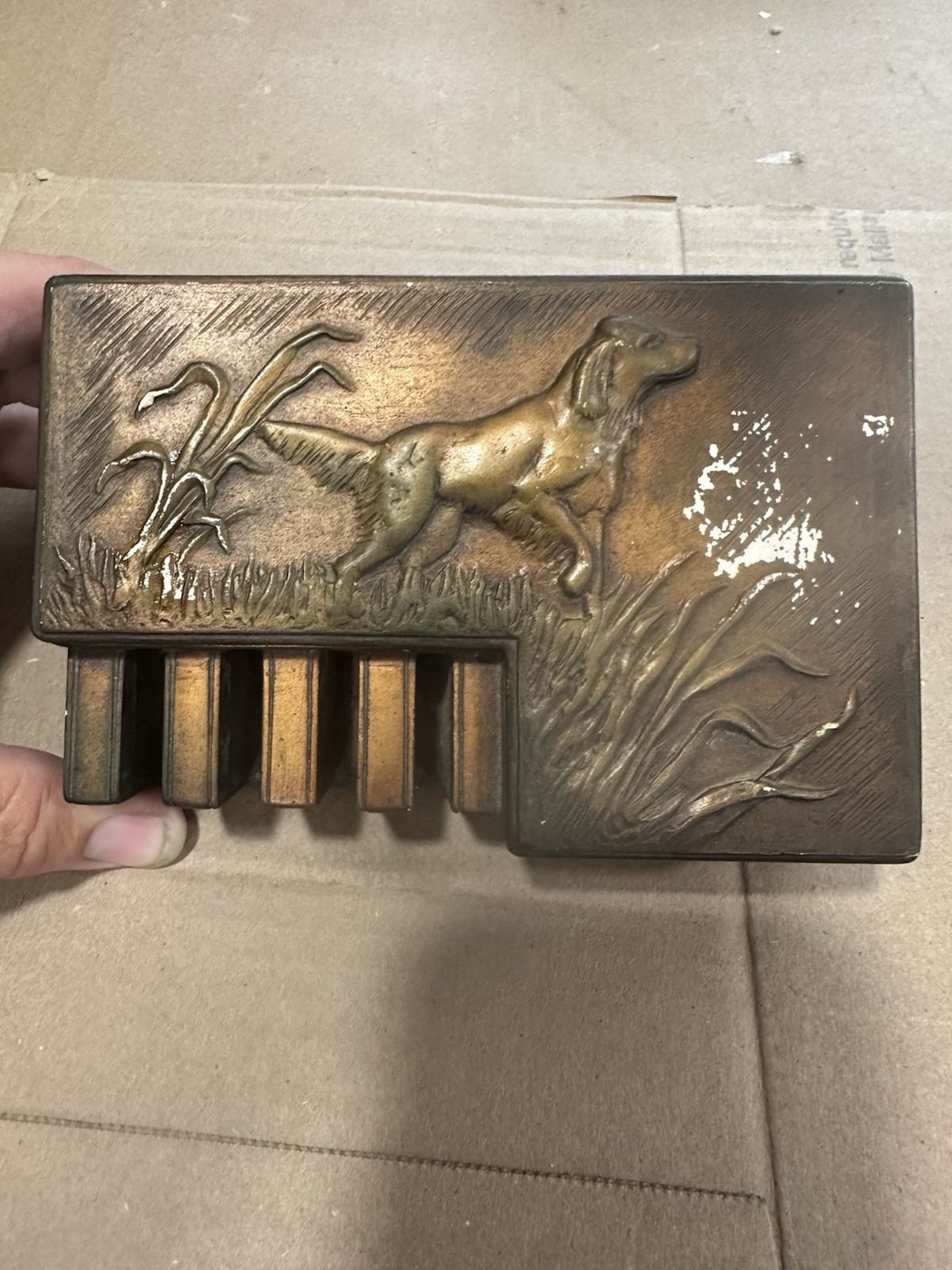 Vintage Cigarette & Match Holder Desk Top Hunting Bird Dog Rare Find Dukes Tops