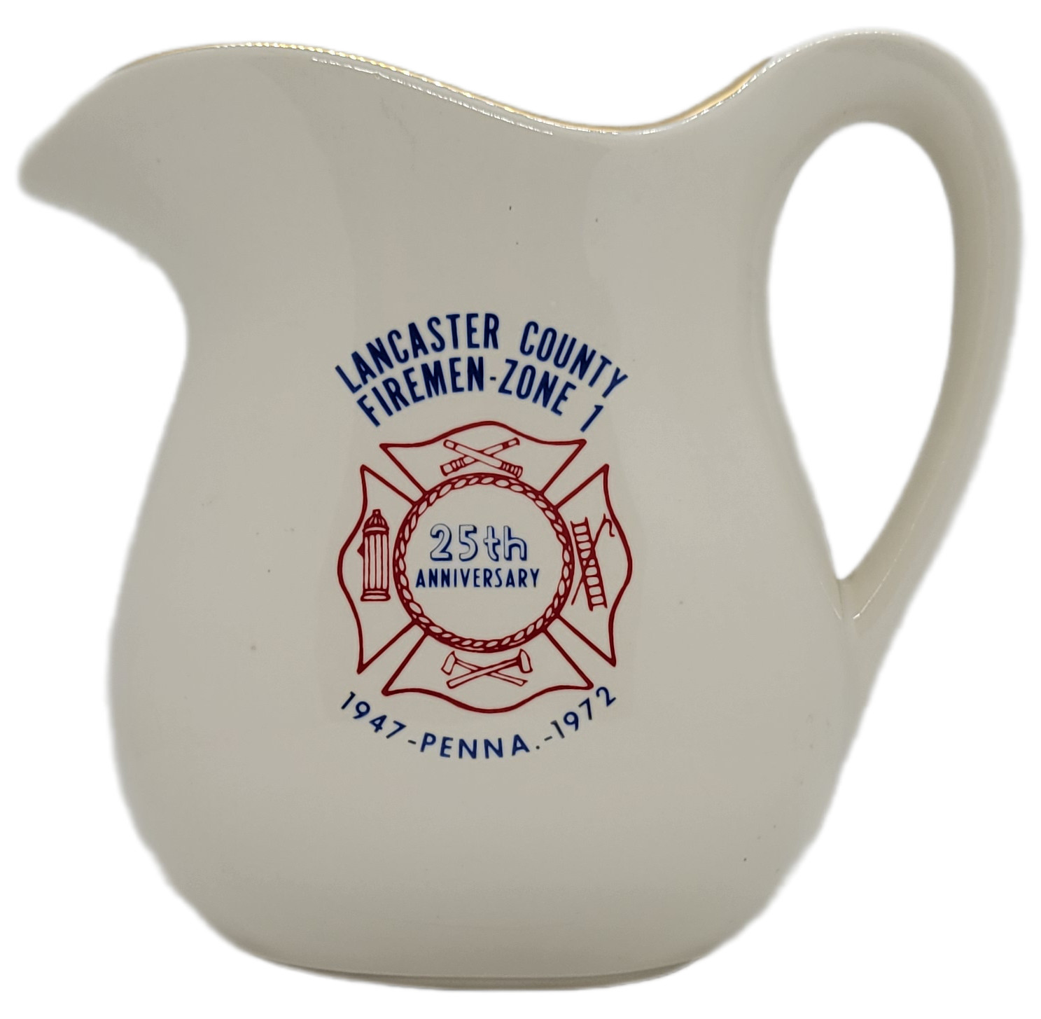 Lancaster County Firemen Zone 1 25th Anniversary 1947-Penna-1972 Ceramic Pitcher Lancaster County Firemen Zone 1 25th Anniversary 1947-Penna-1972 Ceramic Pitcher
