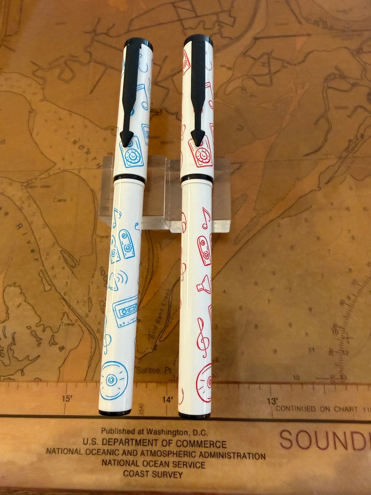 Two 1990s Parker  Roller Ball Pens Music graphics, pink and blue. FUN