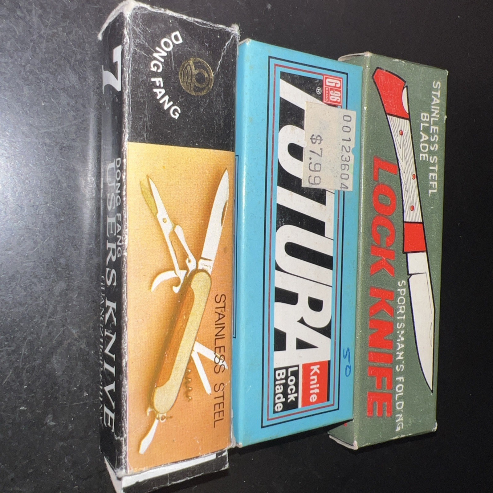 Three Different Stainless Steel Blade Knifes About 30 Years Old Stored Away. Three Different Stainless Steel Blade Knifes About 30 Years Old Stored Away.