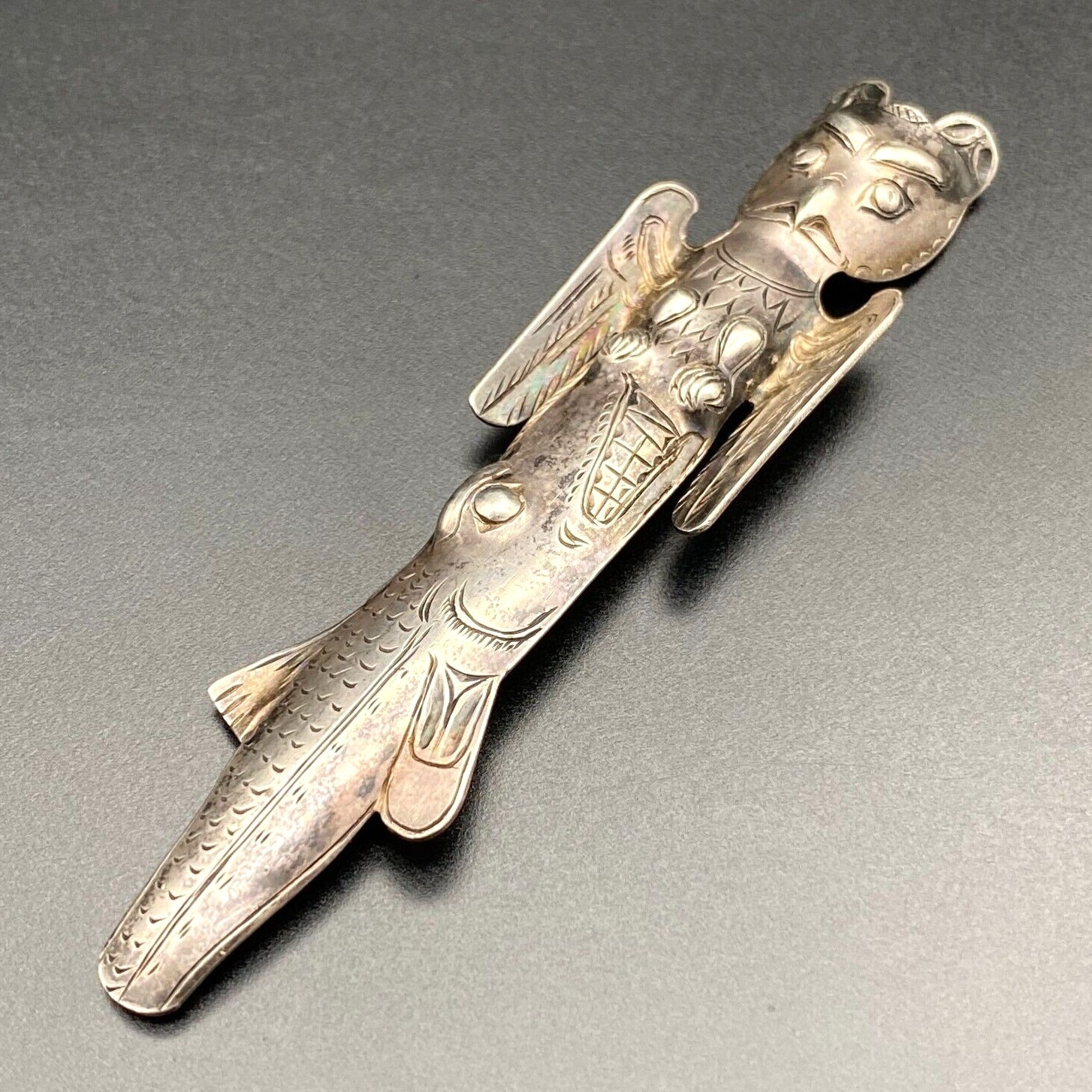 Vintage Northwest Native Eagle Fish Dimensional Silver Pin Brooch