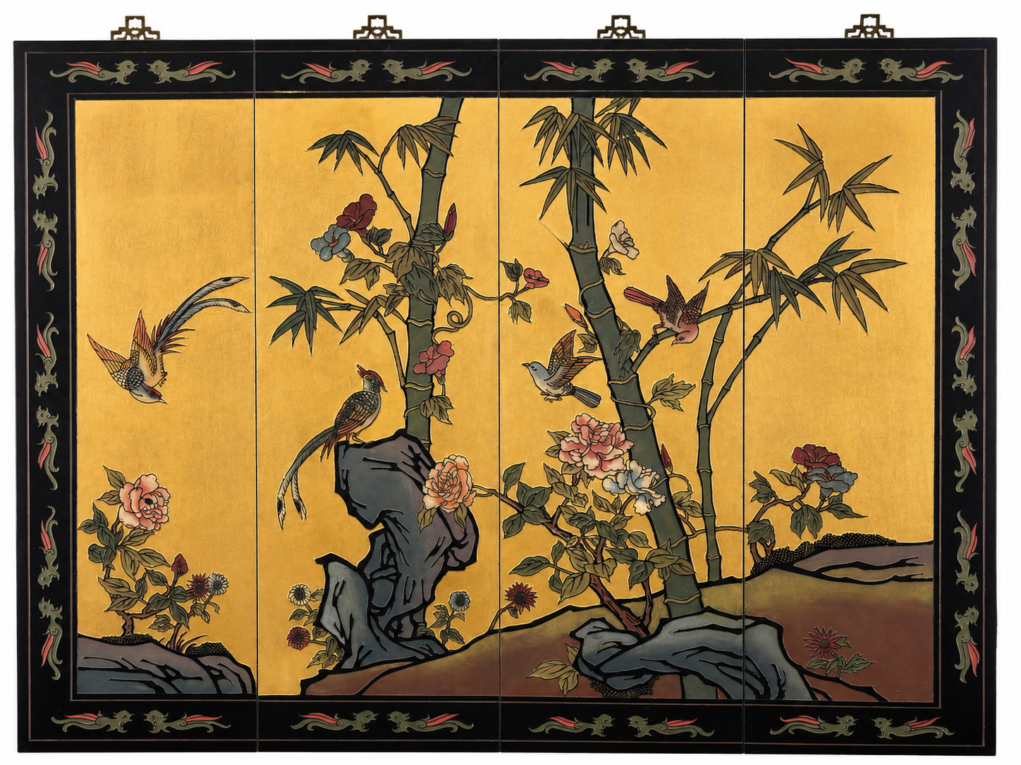 Vintage Chinese Four Panel Wall Art Gold Leaf Birds Bamboo Floral Hanging Decor Vintage Chinese Four Panel Wall Art Gold Leaf Birds Bamboo Floral Hanging Decor