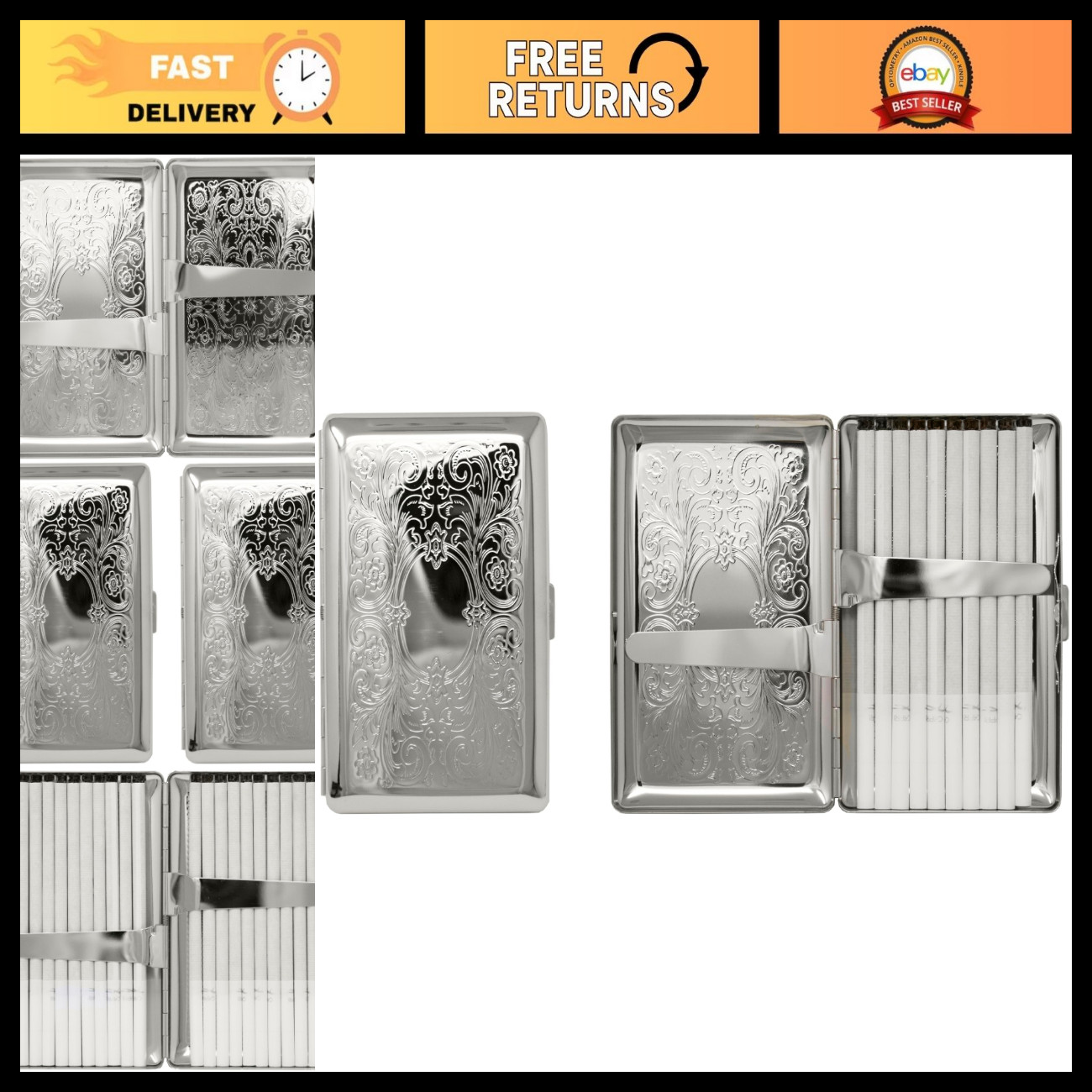 Set of 2 Vintage Metal-Plated Cigarette Cases & Stash Boxes - Silver Scroll Desi