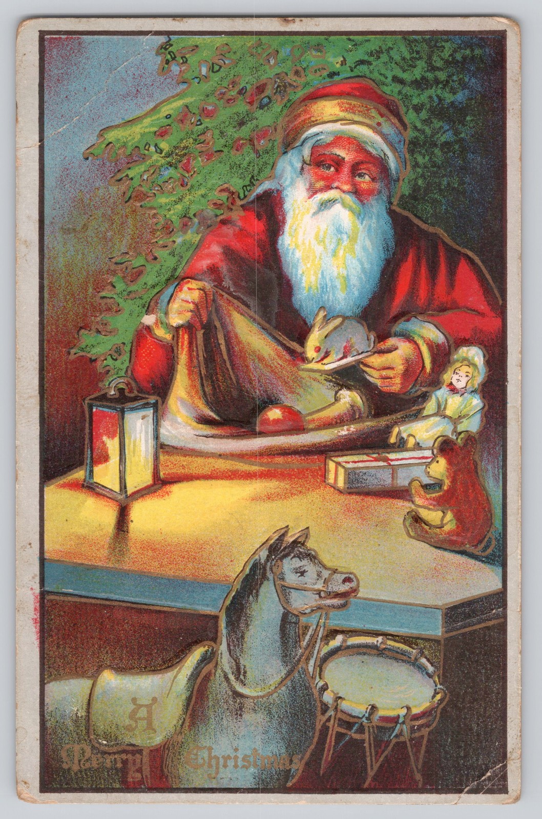 Antique Santa Claus Christmas Postcard Filling Stocking w/ Toys c1910s Antique Santa Claus Christmas Postcard Filling Stocking w/ Toys c1910s