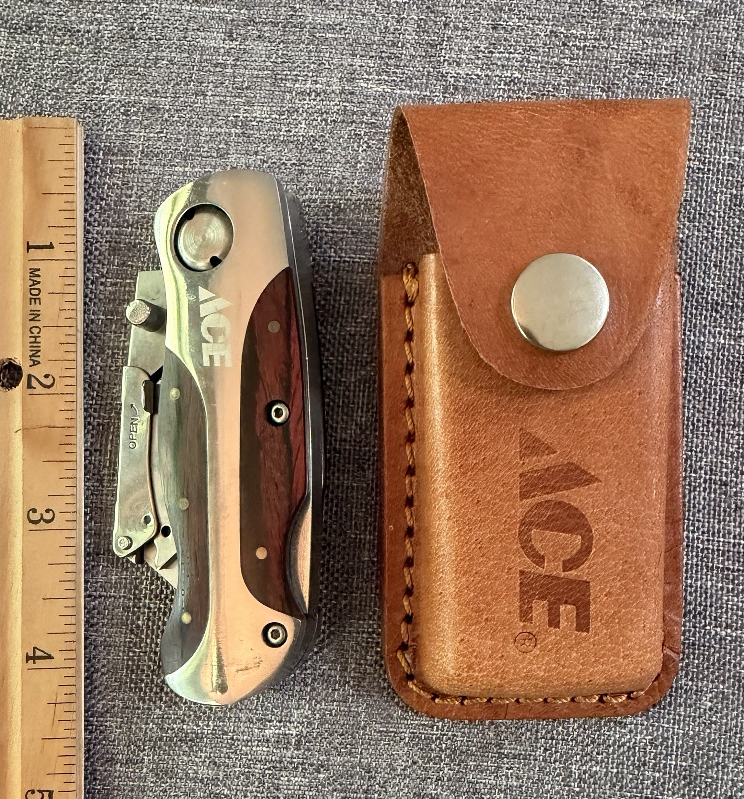 Vintage Ace Hardware Folding Utility Knife Lockback Box Cutter w/ Leather Sheath