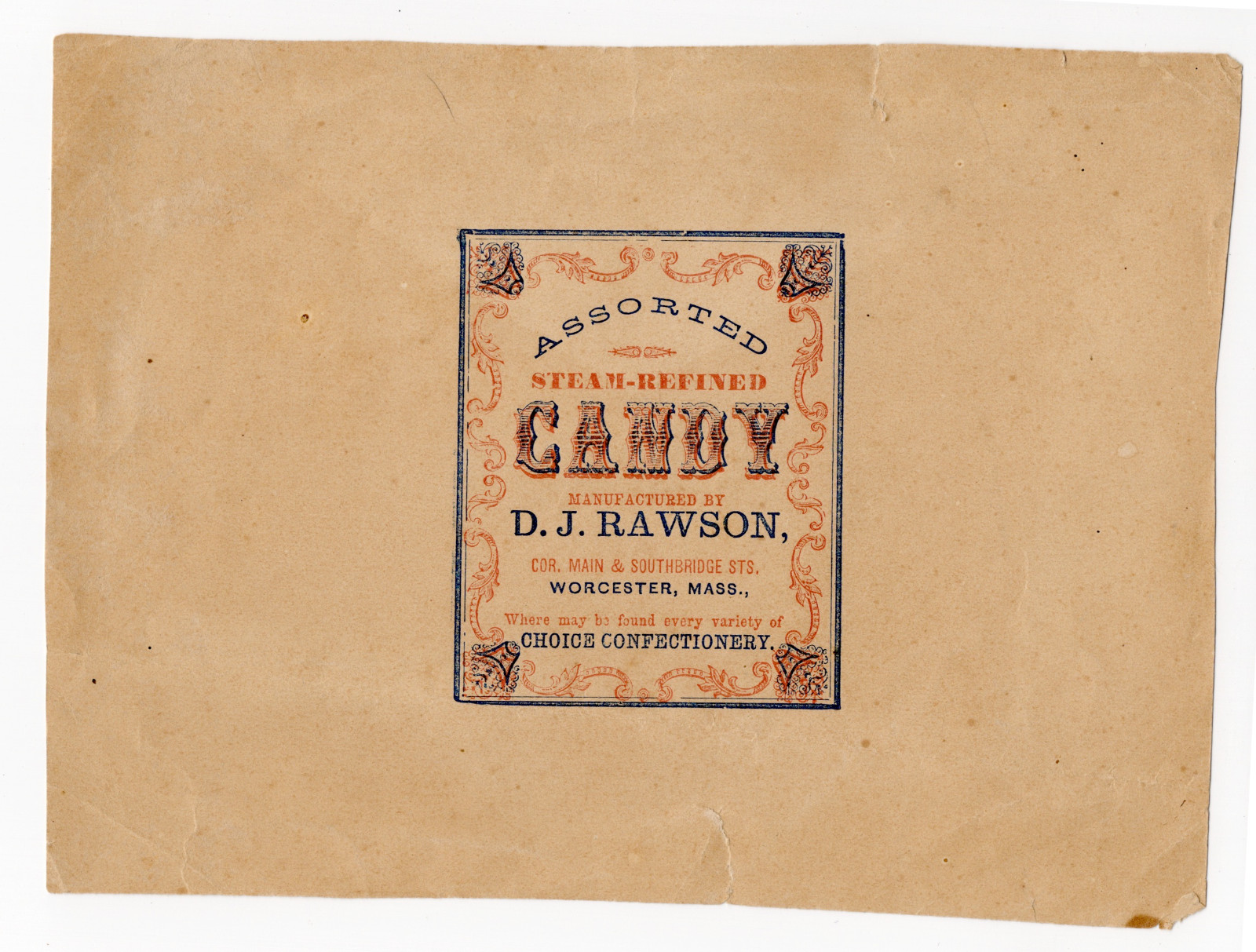 Antique 1850s Assorted Candy Label Worcester MA DJ Rawson Confectionery Main St
