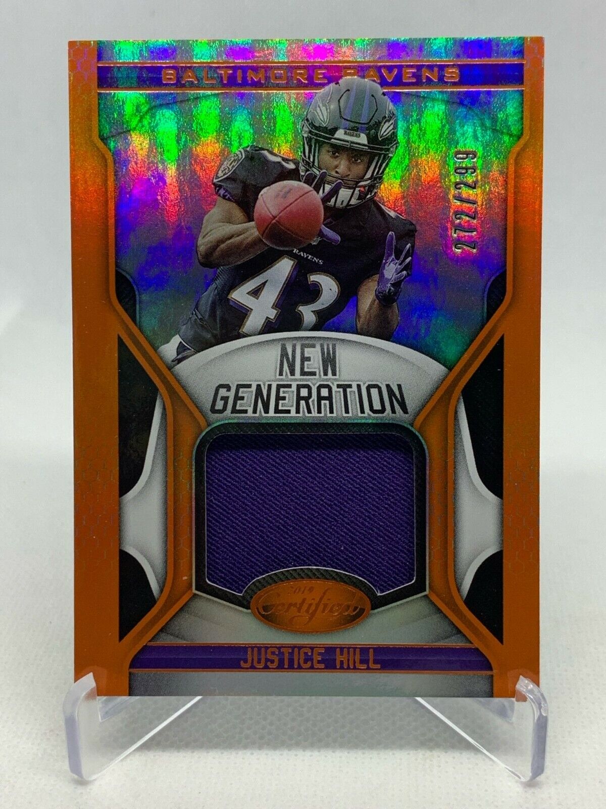 Justice Hill 2019 Panini Certified Relic Jersey Rookie RC /299 ( Ravens )