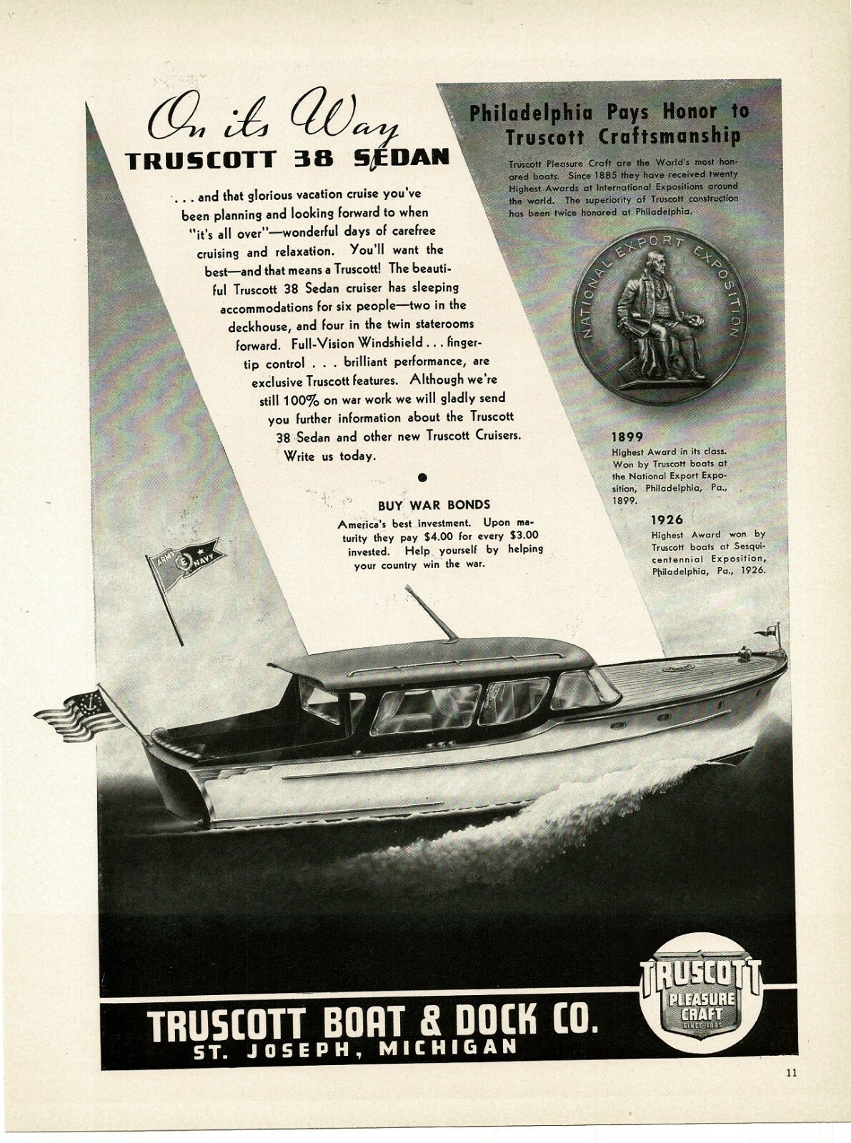 1945 TRUSCOTT BOAT & DOCK Truscott 38 sedan cruiser Vintage Print Ad 1