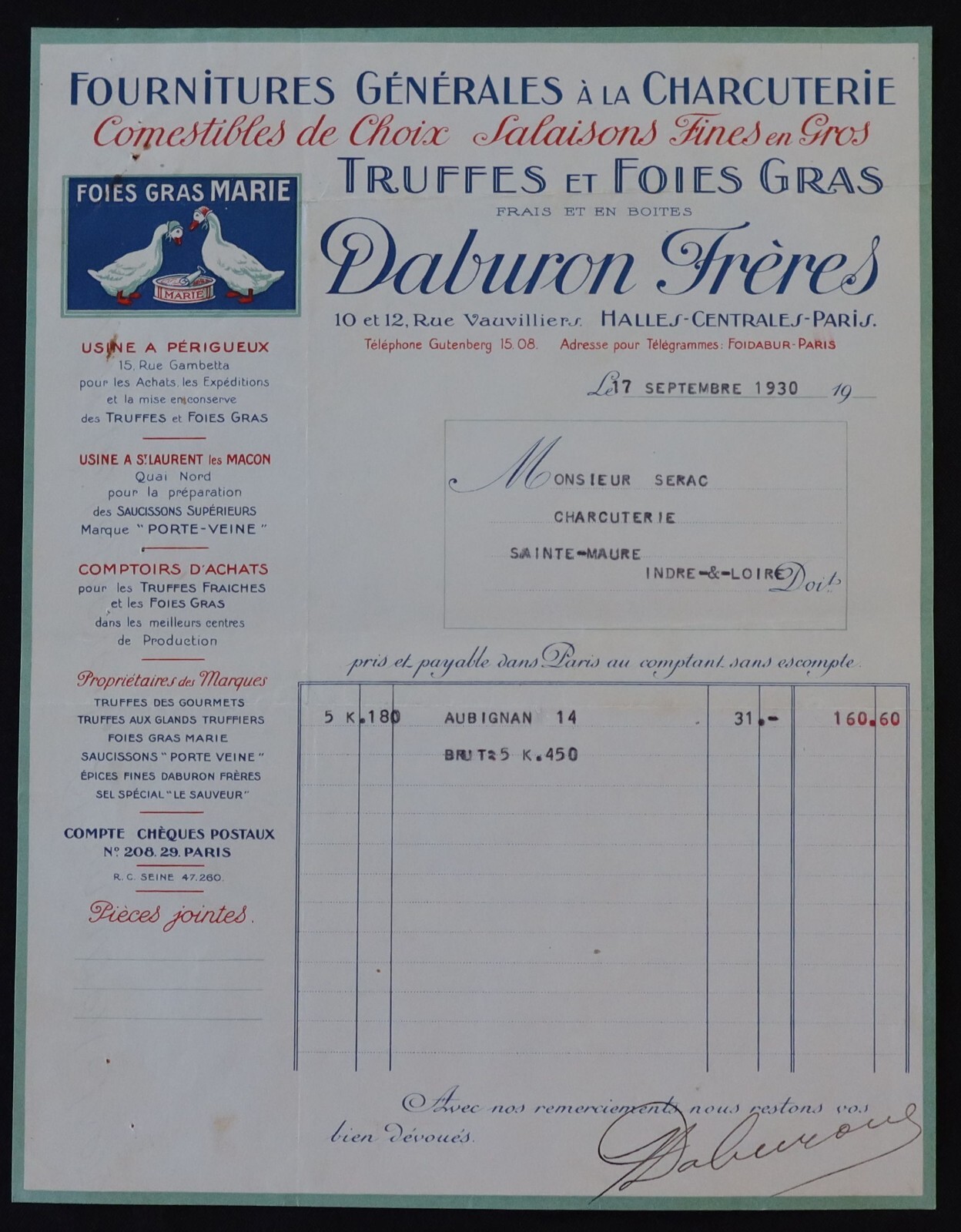 Billhead Invoice 1930 DABURON Truffle Foie Gras MARY Illustrated Deli 129 Billhead Invoice 1930 DABURON Truffle Foie Gras MARY Illustrated Deli 129