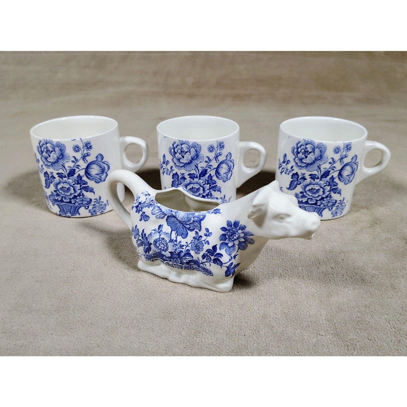 VTG Royal Crownford Charlotte Blue Cow Creamer & 3 Mugs Set Ironstone England