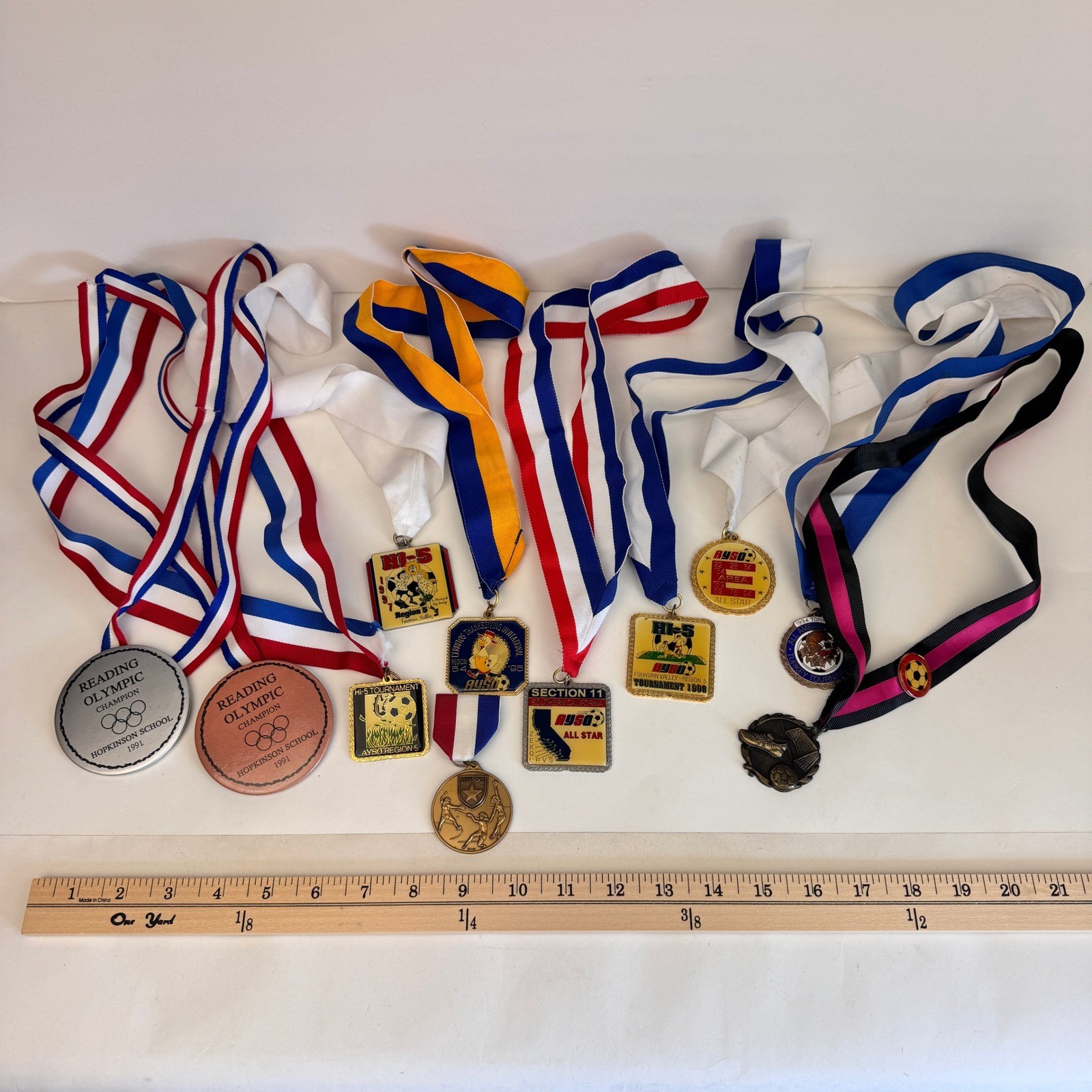 Vtg 1990s Lot of Soccer Medallion Necklace Ribbon Medals Awards Reading Pinback