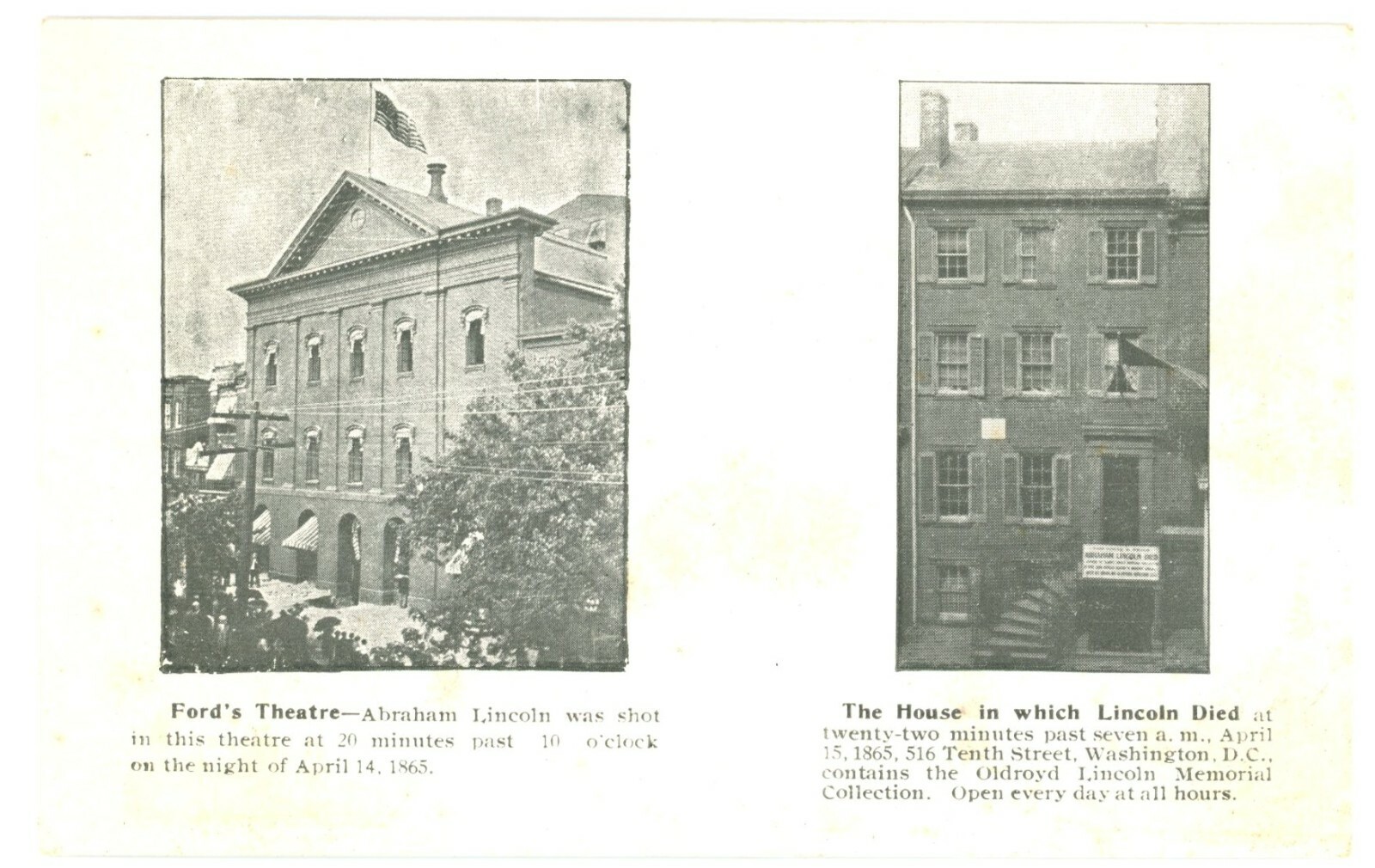 Washington DC Ford\'s Theatre & Petersen House Lincoln Undivided Back Postcard Washington DC Ford\'s Theatre & Petersen House Lincoln Undivided Back Postcard