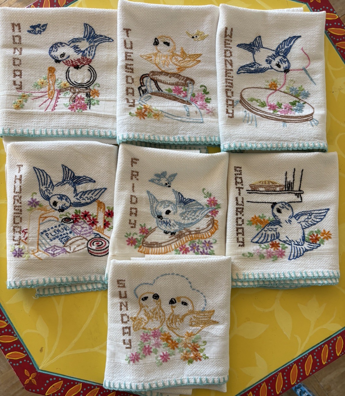 Vintage Set of 7  Days of Week Hand Embroidered Dish Tea Towel Birds Bluebirds