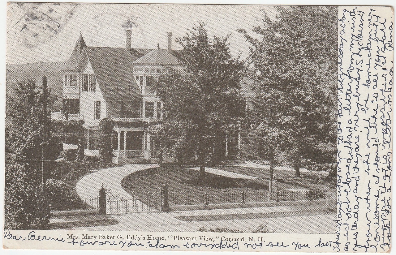 Concord NH postcard - Mrs. Mary Baker G. Eddy's Home - PM 1906 Antrim NH Concord NH postcard - Mrs. Mary Baker G. Eddy's Home - PM 1906 Antrim NH