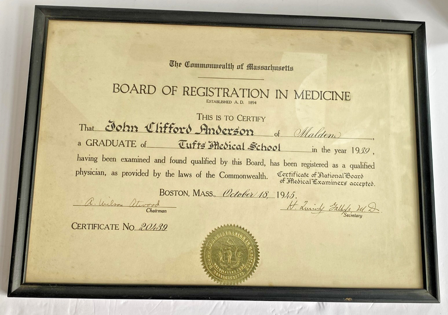1945 Massachusetts Medical License John Clifford Anderson Tufts Medical School