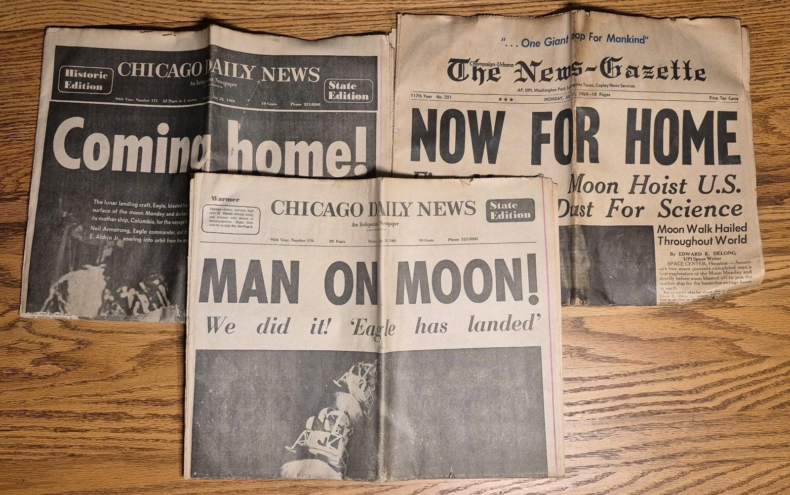 Vintage July 21, 1969 Men Walk on Moon 3 Papers Vintage July 21, 1969 Men Walk on Moon 3 Papers