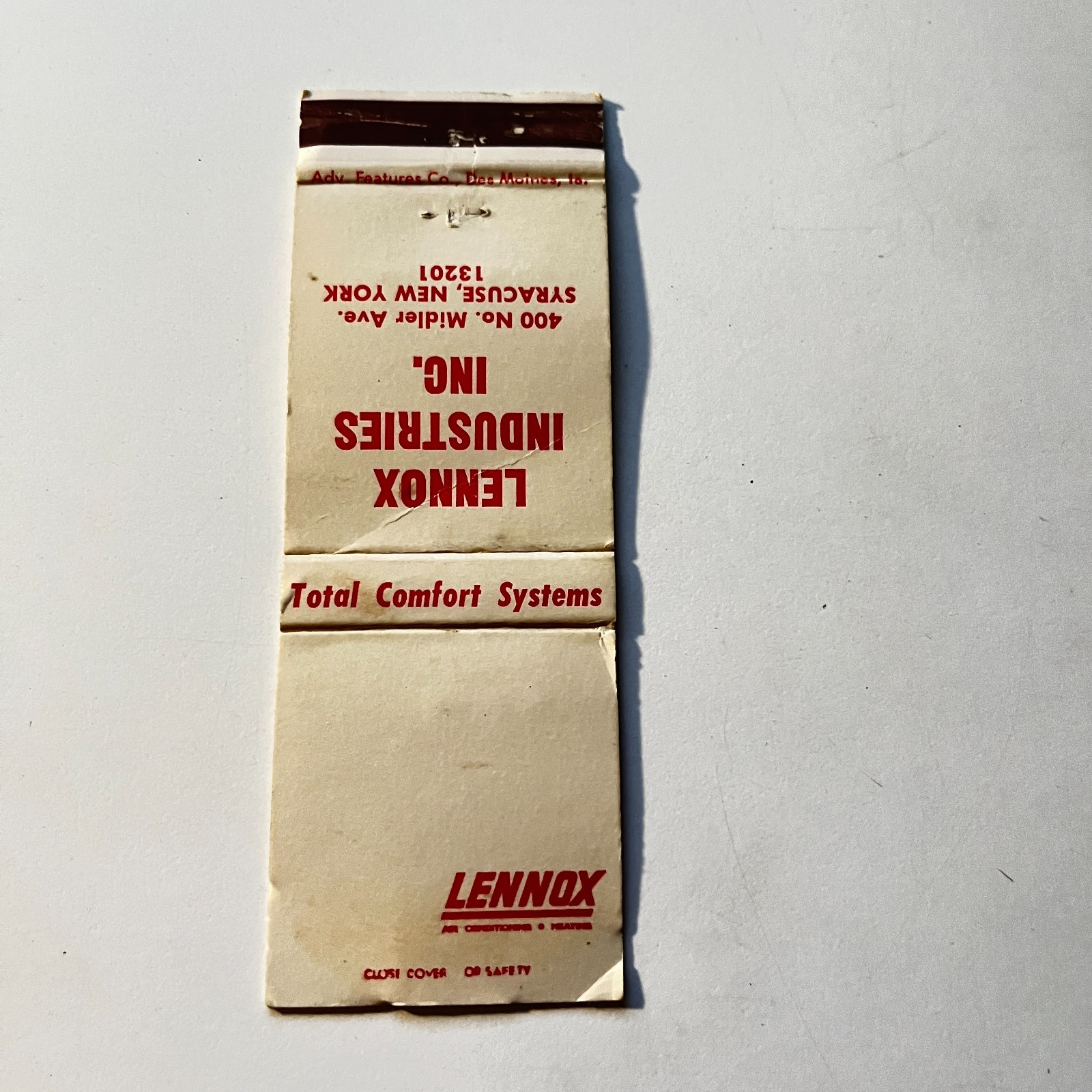 Lennox Industries Inc. Syracuse NY Vintage Matchbook Cover 4MB106-2 Lennox Industries Inc. Syracuse NY Vintage Matchbook Cover 4MB106-2