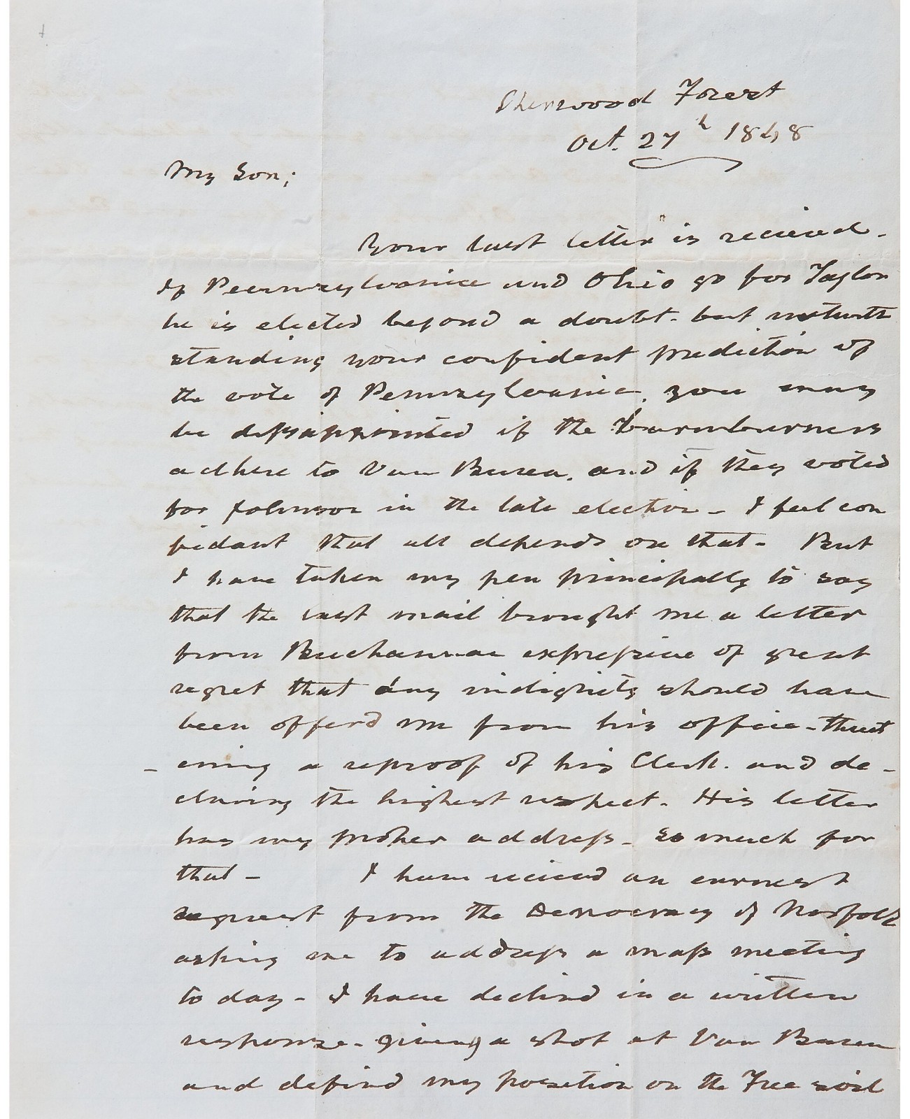 President John Tyler 1848 Autograph Letter Signed - To His Son -Election Content
