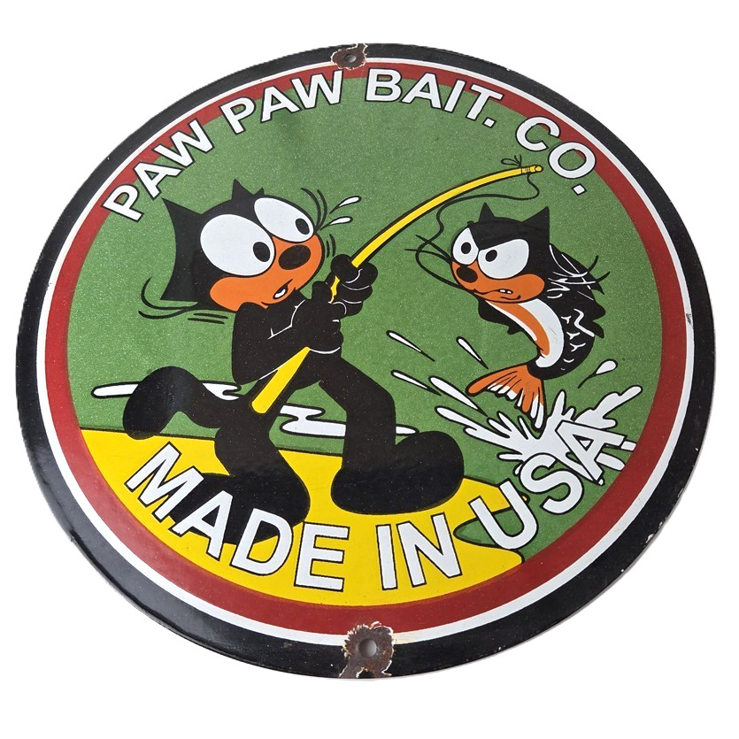 Vintage Paw Paw Bait Sign - Felix Cat Fishing Gas Service Sign Vintage Paw Paw Bait Sign - Felix Cat Fishing Gas Service Sign
