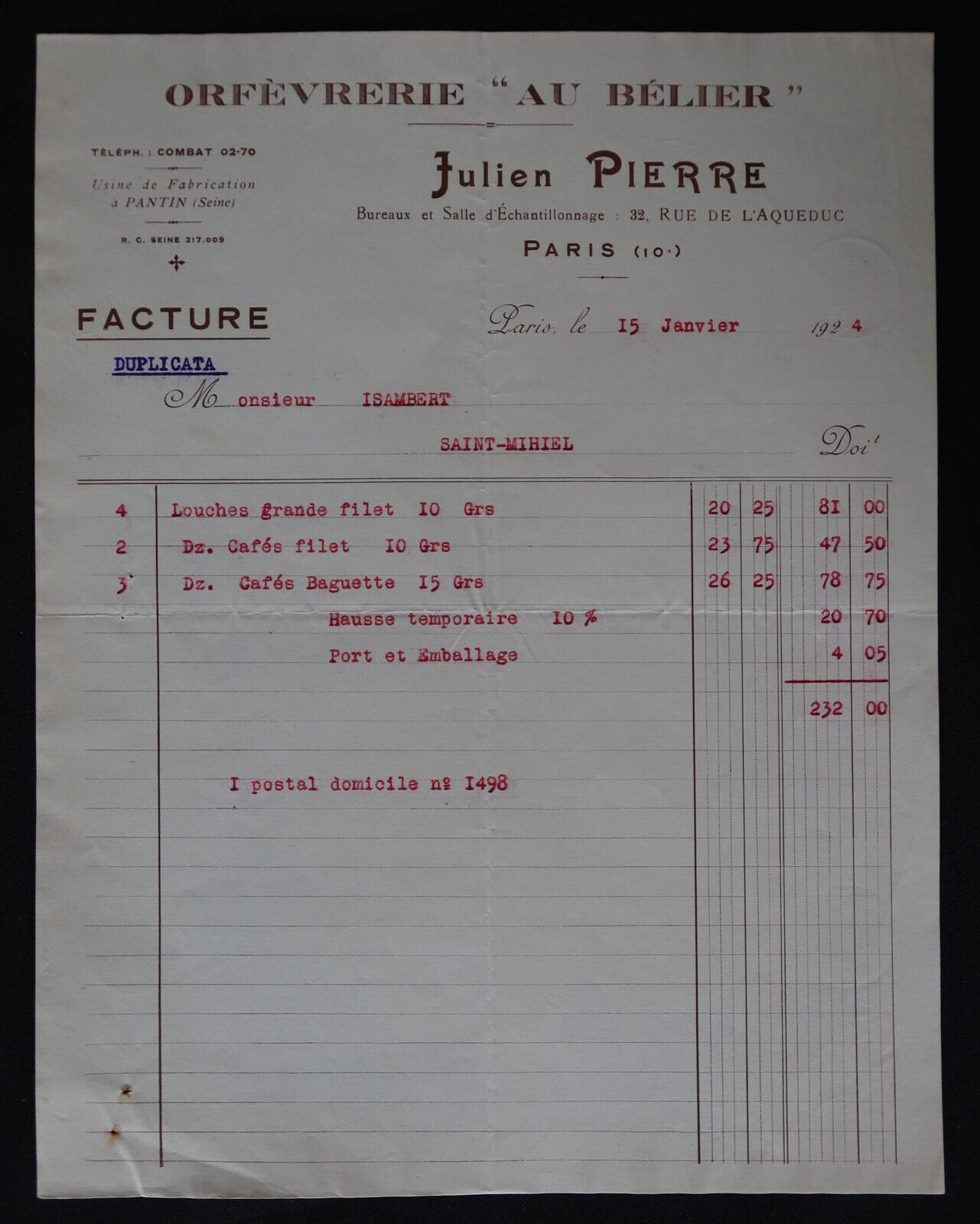 1924 PARIS r Aqueduct ORFEVRERIE AU BELIER Julien PIERRE 151