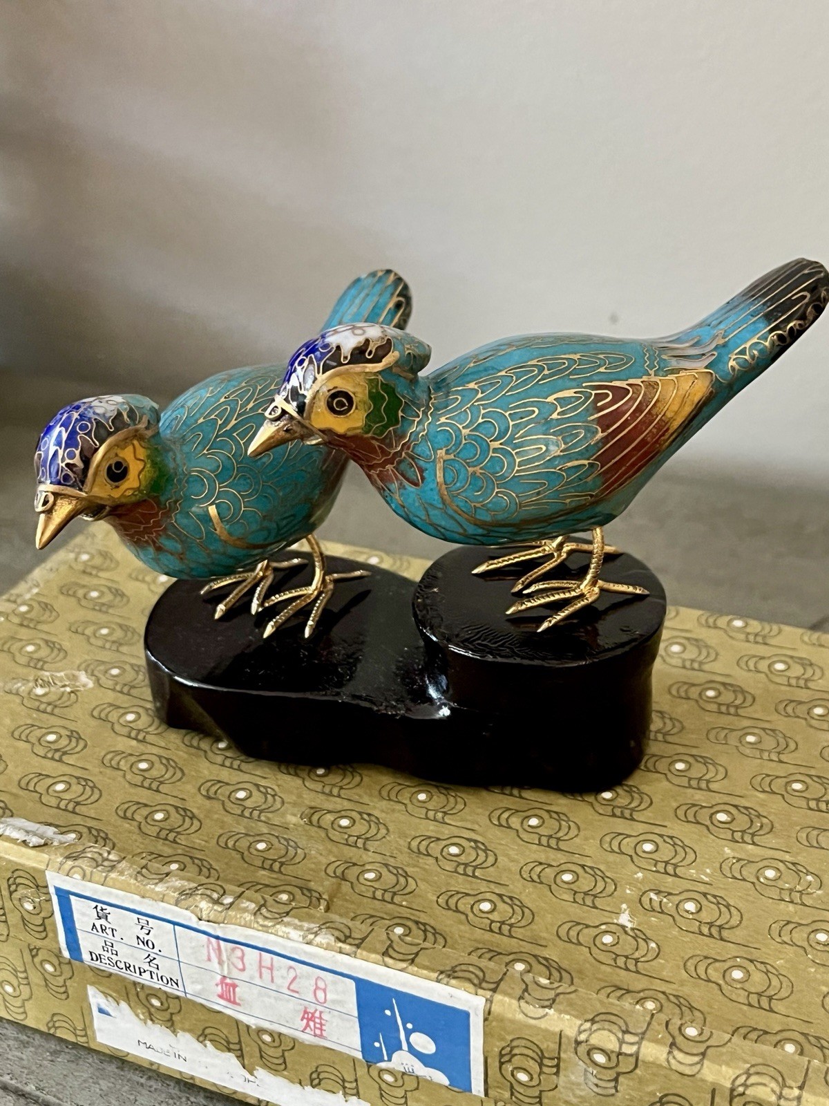 Vintage Pair Cloisonné Enameled Pheasant Birds on Wood Stand Vintage Pair Cloisonné Enameled Pheasant Birds on Wood Stand