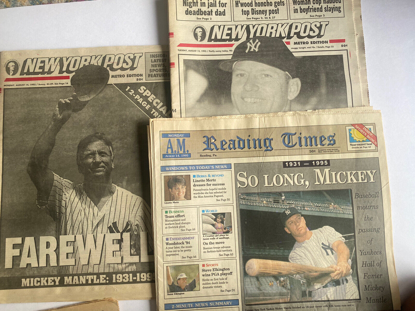 Mickey Mantle Newspaper Farewell Death Lot NewYork Post Reading Times