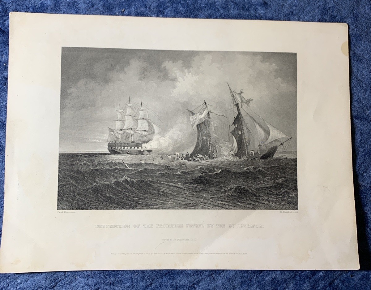 1862 Antique Civil War Print “Destruction of the Privateer Petrel”