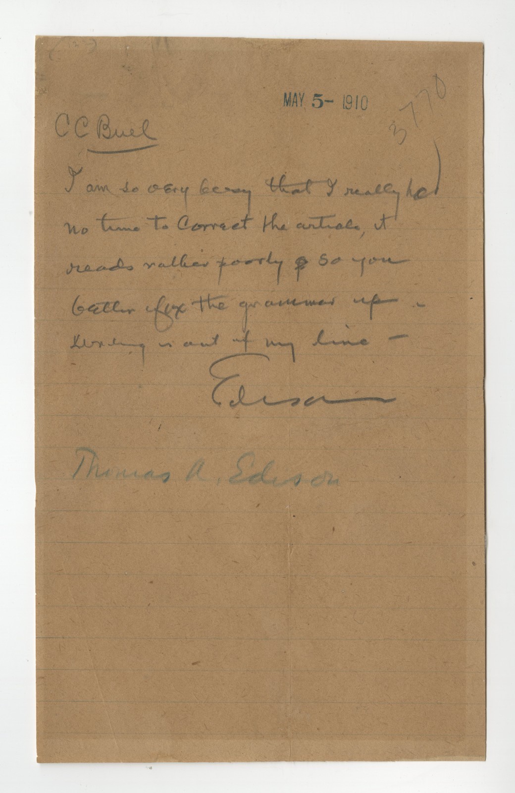 Excellent Thomas Edison Autograph Note Signed 1910 says he's no good at writing Excellent Thomas Edison Autograph Note Signed 1910 says he's no good at writing
