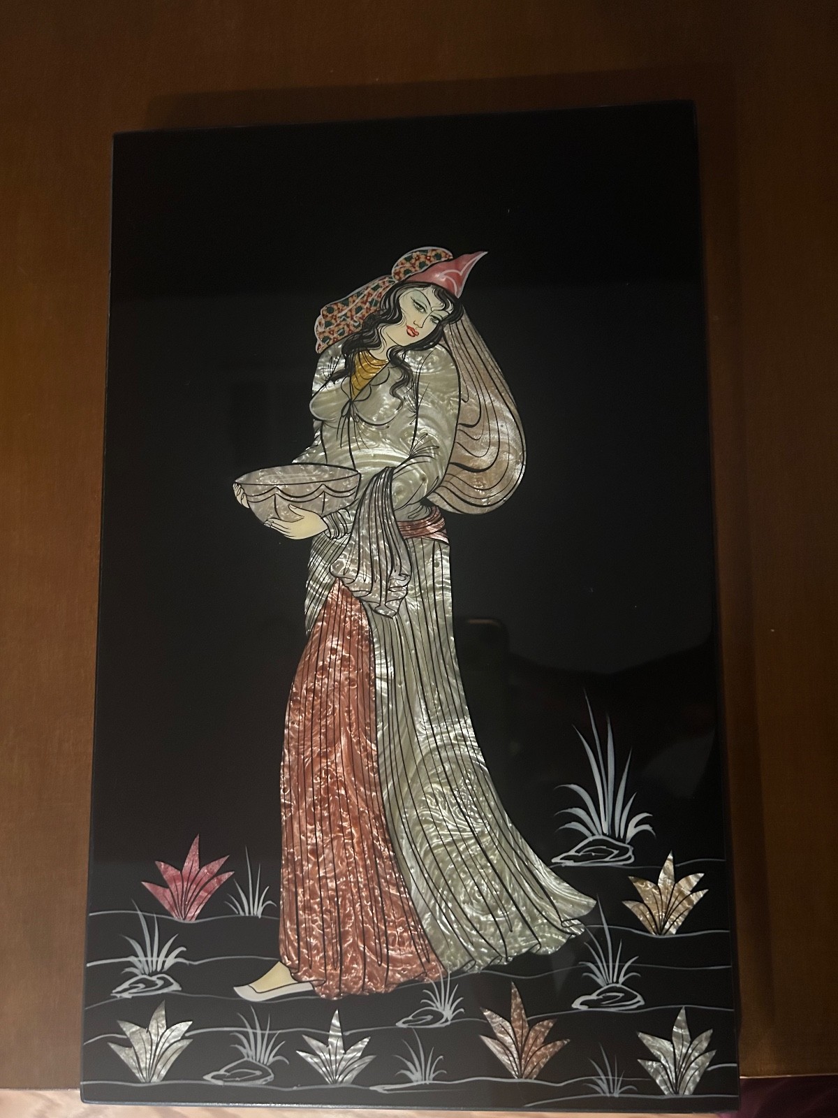 Vintage Persian Style Mother of Pearl Wall Plaque – Middle Eastern Lady Art Pane