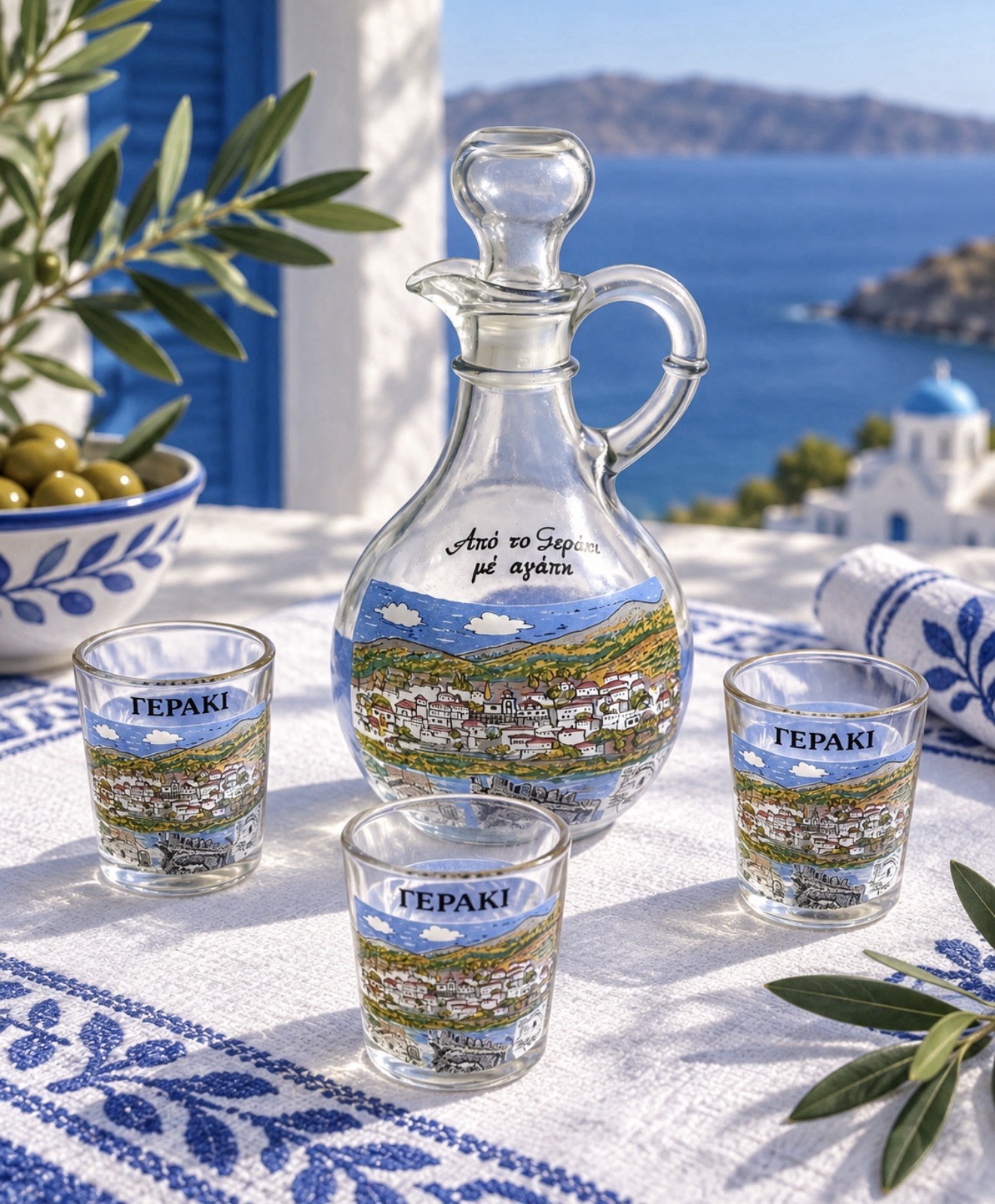 Vintage Greek Geraki Glass Decanter & 3 Shot Glasses Souvenir Set-Hand Painted Vintage Greek Geraki Glass Decanter & 3 Shot Glasses Souvenir Set-Hand Painted