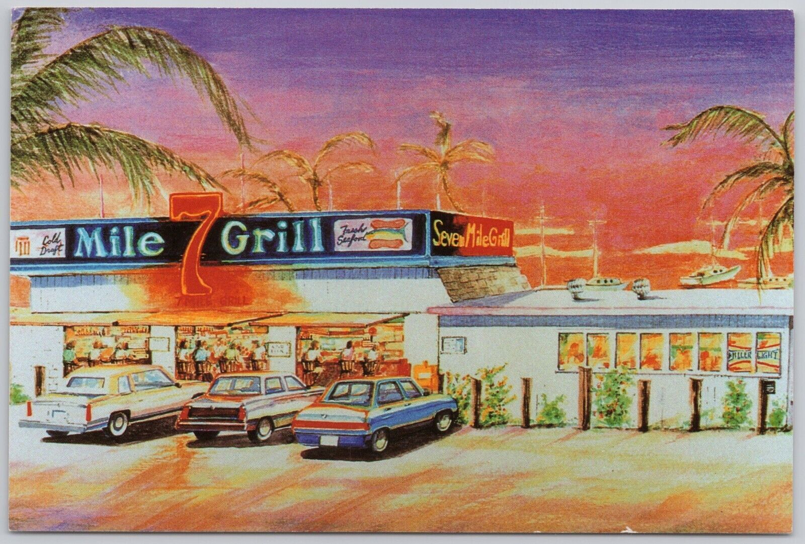 Florida Keys, Florida Postcard, Vintage Cars, Mile 7 Grill, Restaurant