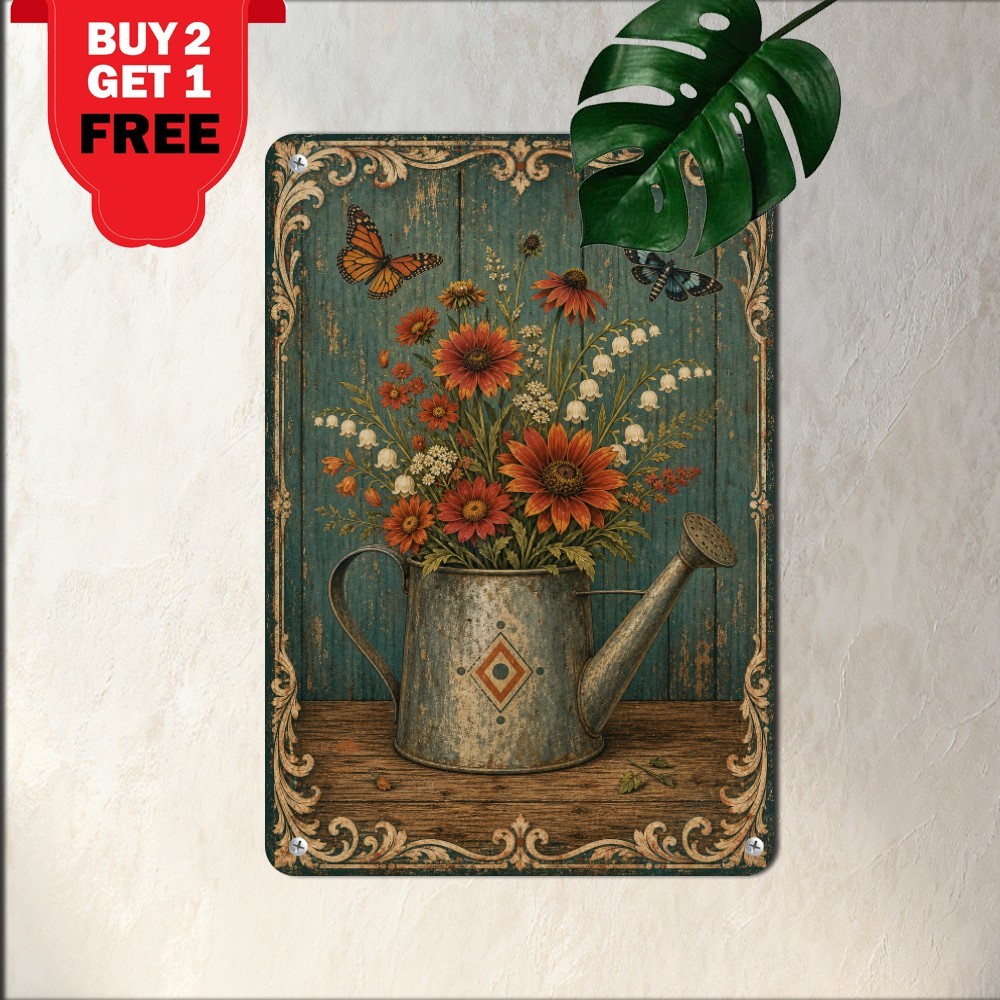 Watering Can Wildflower Bouquet Still Life Sign Vintage Floral Metal Plaque Watering Can Wildflower Bouquet Still Life Sign Vintage Floral Metal Plaque
