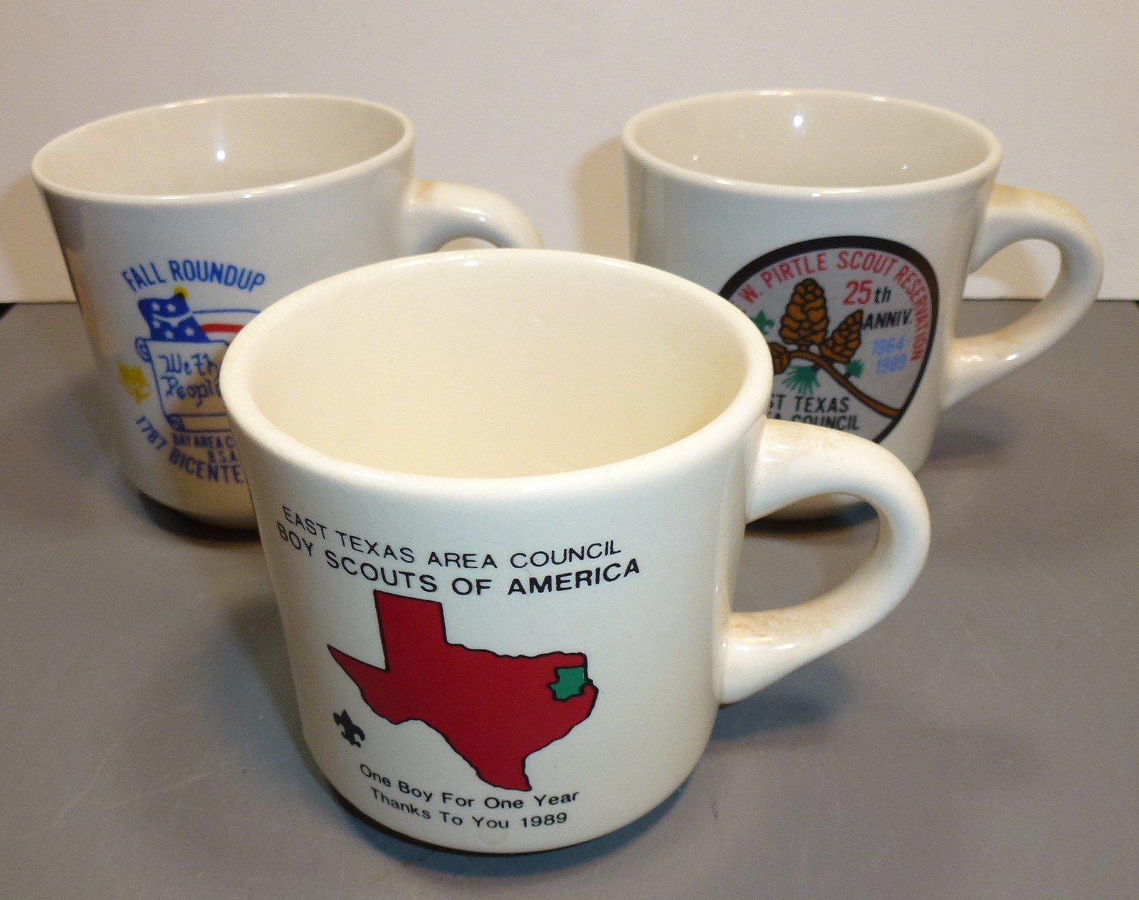 3 Vintage 1980s East Texas & Bay Area Boy Scout Jamboree, Roundup Mugs, Coffee 3 Vintage 1980s East Texas & Bay Area Boy Scout Jamboree, Roundup Mugs, Coffee