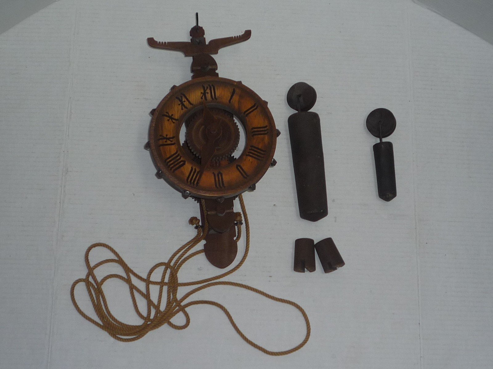 VINTAGE WOOD WOODEN COLUMBUS WALL CLOCK UNKNOWN YEAR WITH WEIGHTS PLEASE READ VINTAGE WOOD WOODEN COLUMBUS WALL CLOCK UNKNOWN YEAR WITH WEIGHTS PLEASE READ